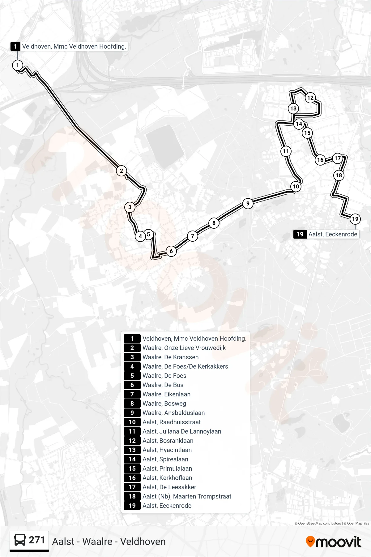 271 bus Line (Aalst) route and stops on a map