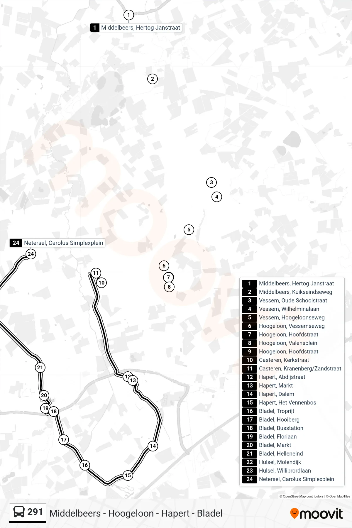 291 bus Line (Netersel Carolus Simplexplein) route and stops on a map