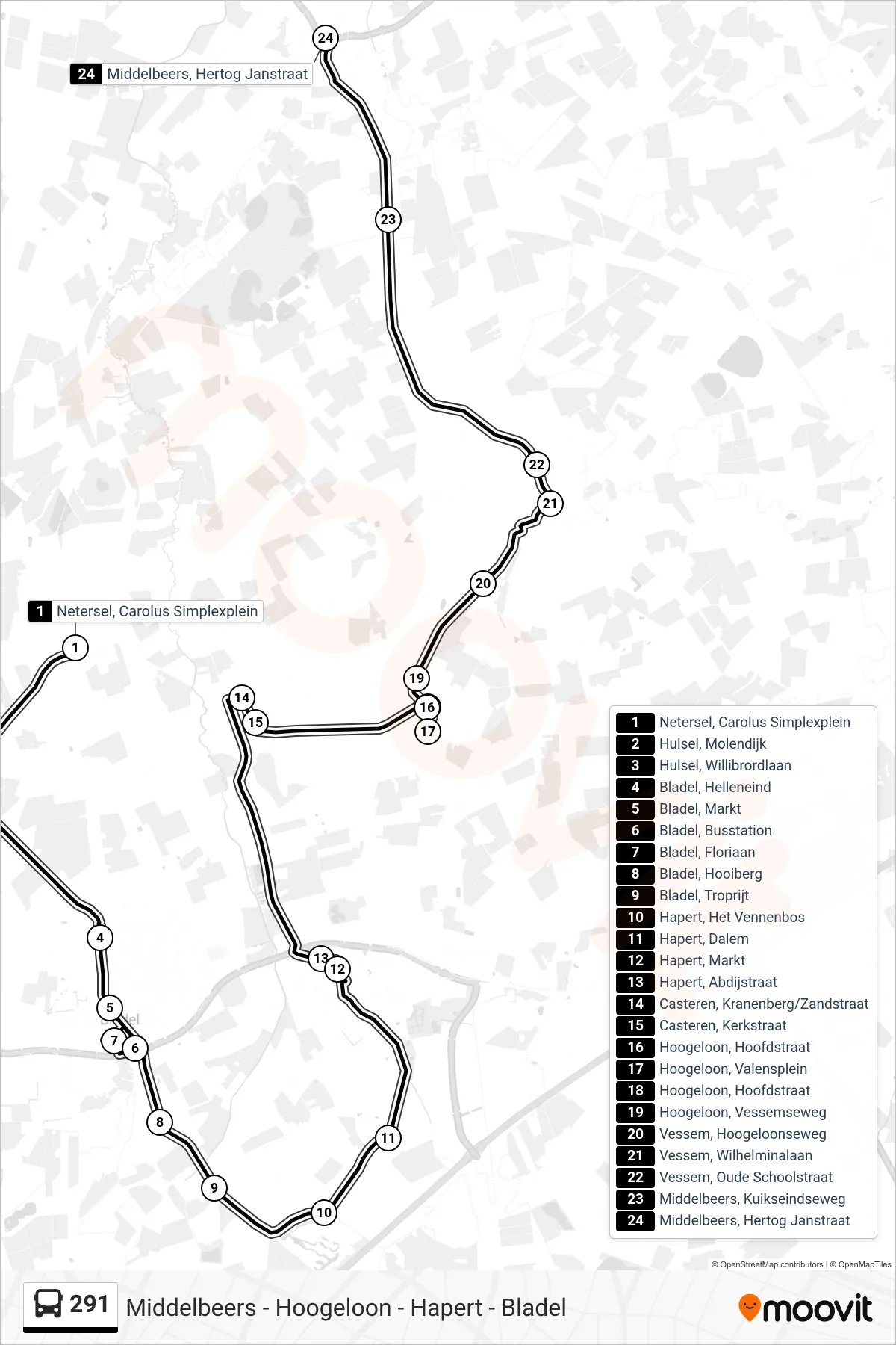 Lijn 291 (bus, Middelbeers): route en haltes op de kaart