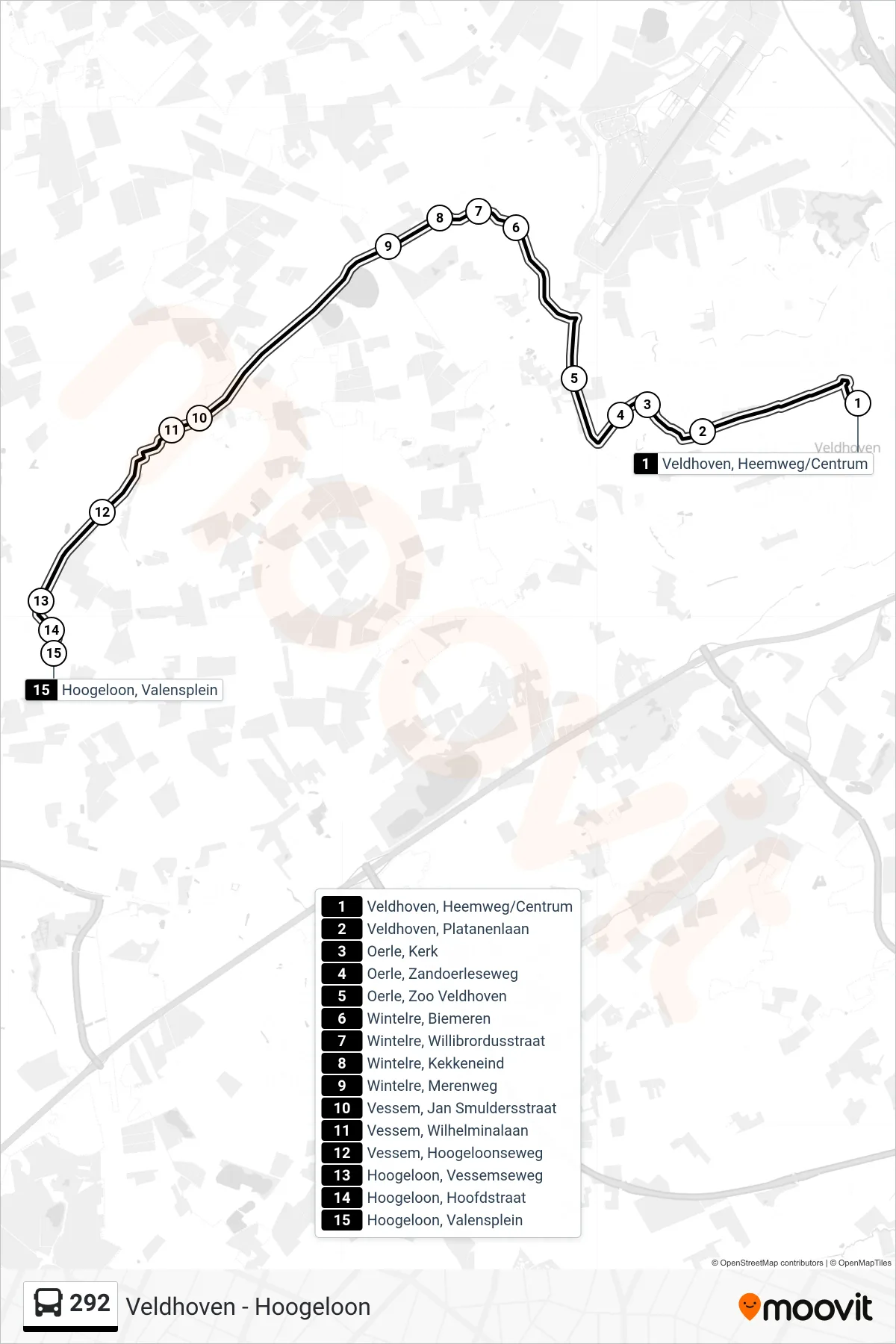 Lijn 292 (bus, Hoogeloon): route en haltes op de kaart