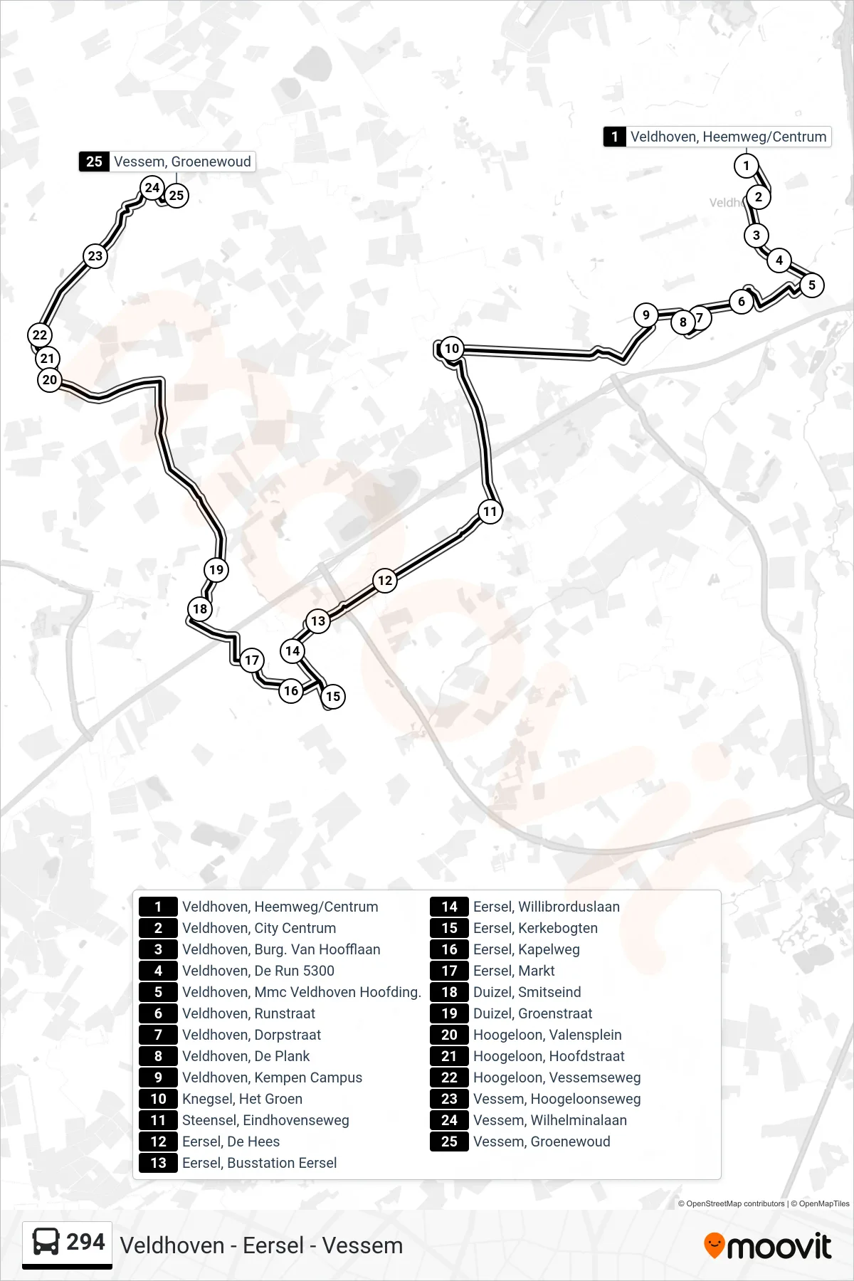 Lijn 294 (bus, Vessem): route en haltes op de kaart