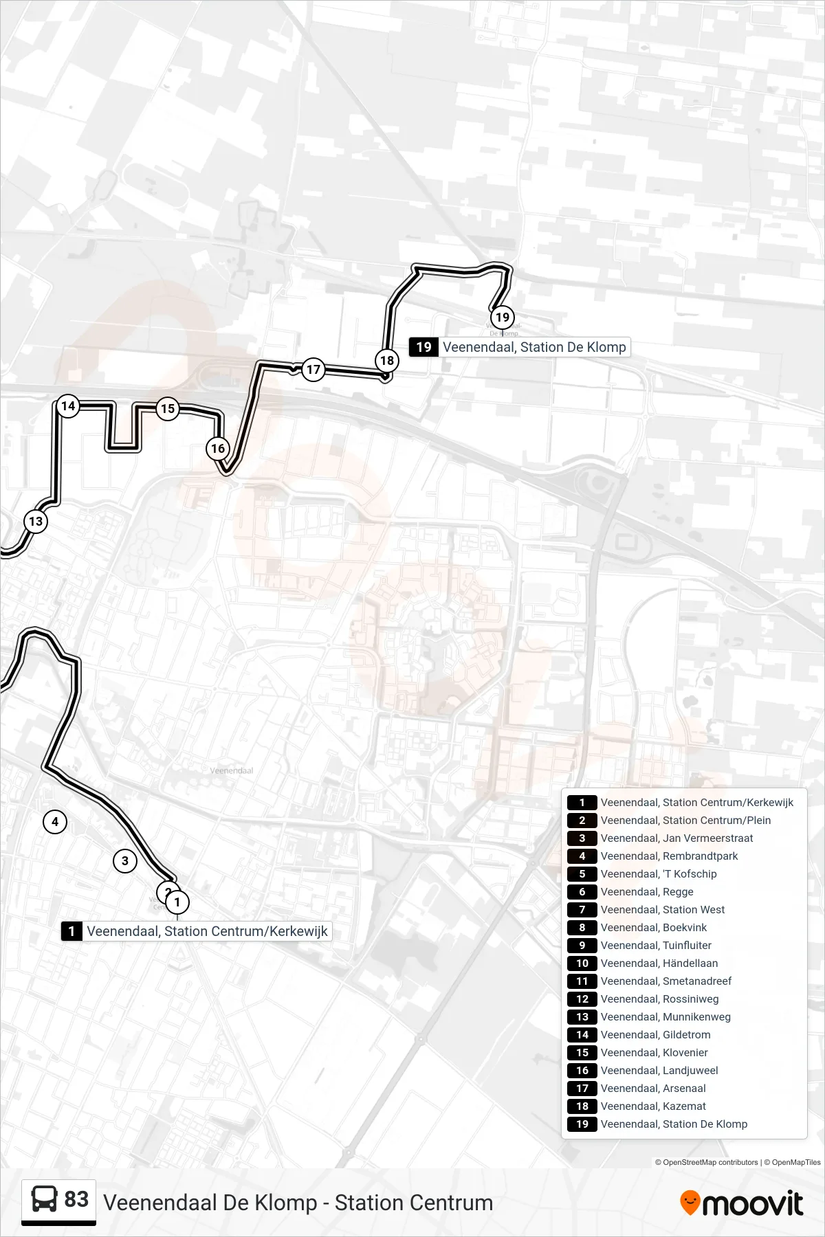 Lijn 83 (bus, Station De Klomp): route en haltes op de kaart