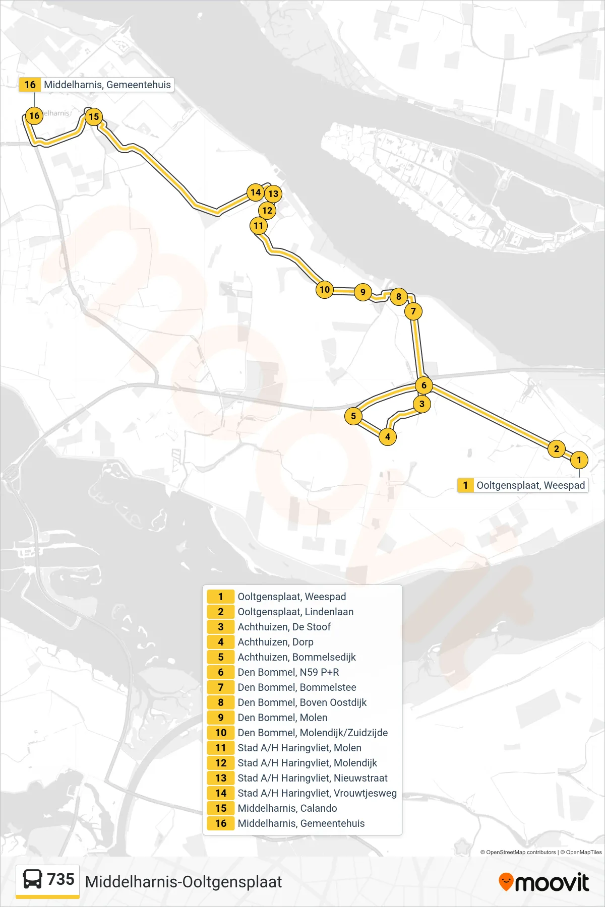 Lijn 735 (bus, Middelharnis): route en haltes op de kaart