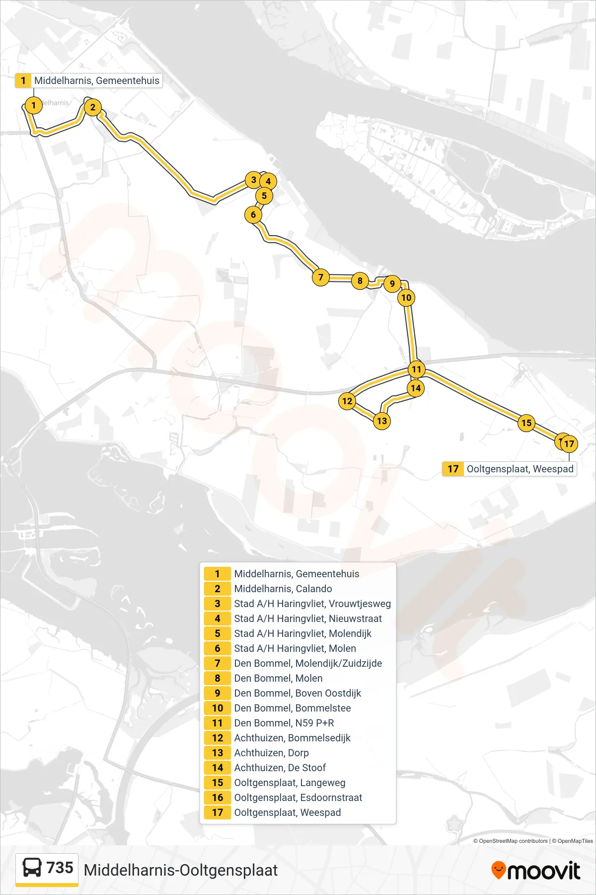 Lijn 735 (bus, Ooltgensplaat): route en haltes op de kaart