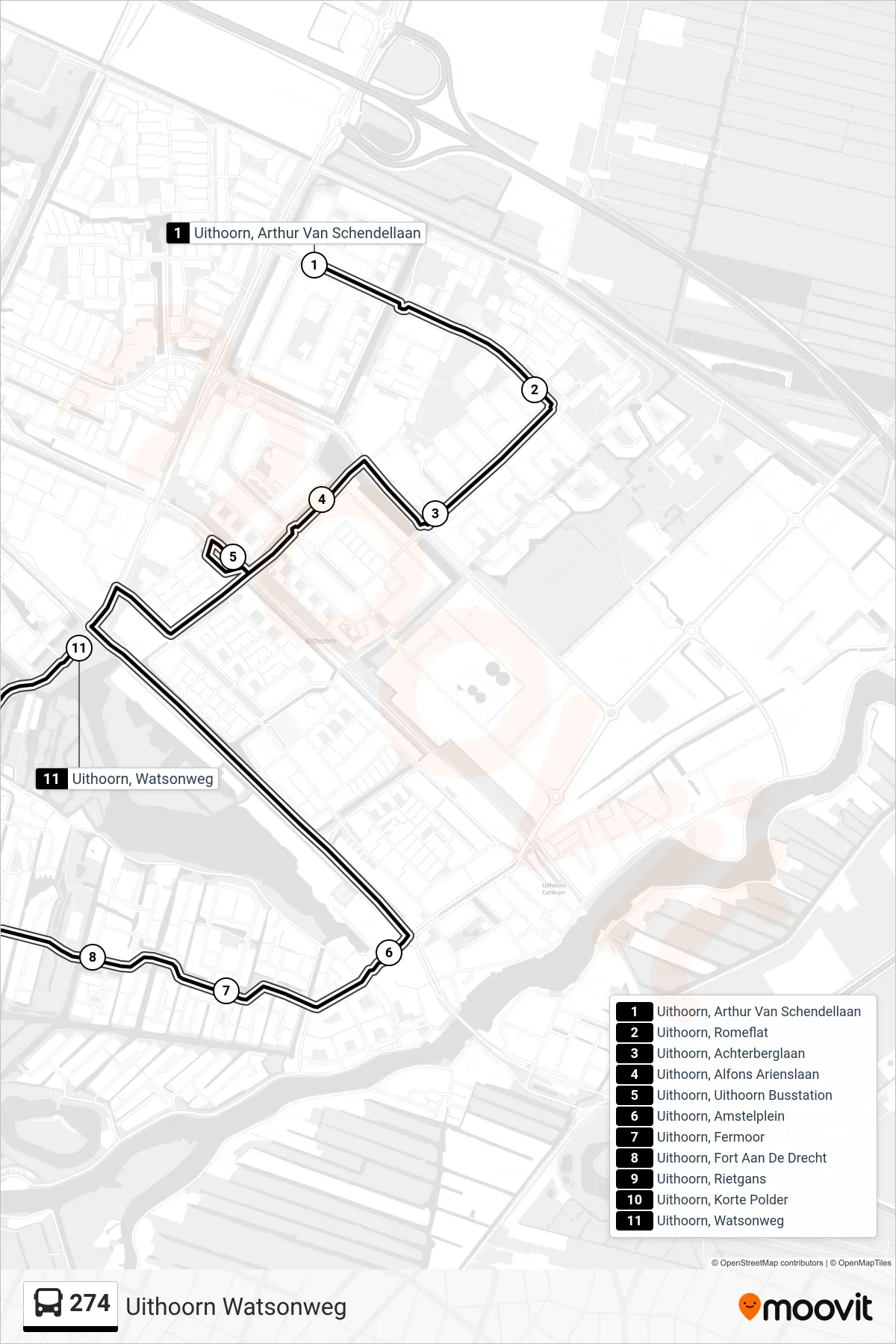 Lijn 274 (bus, Uithoorn Watsonweg): route en haltes op de kaart