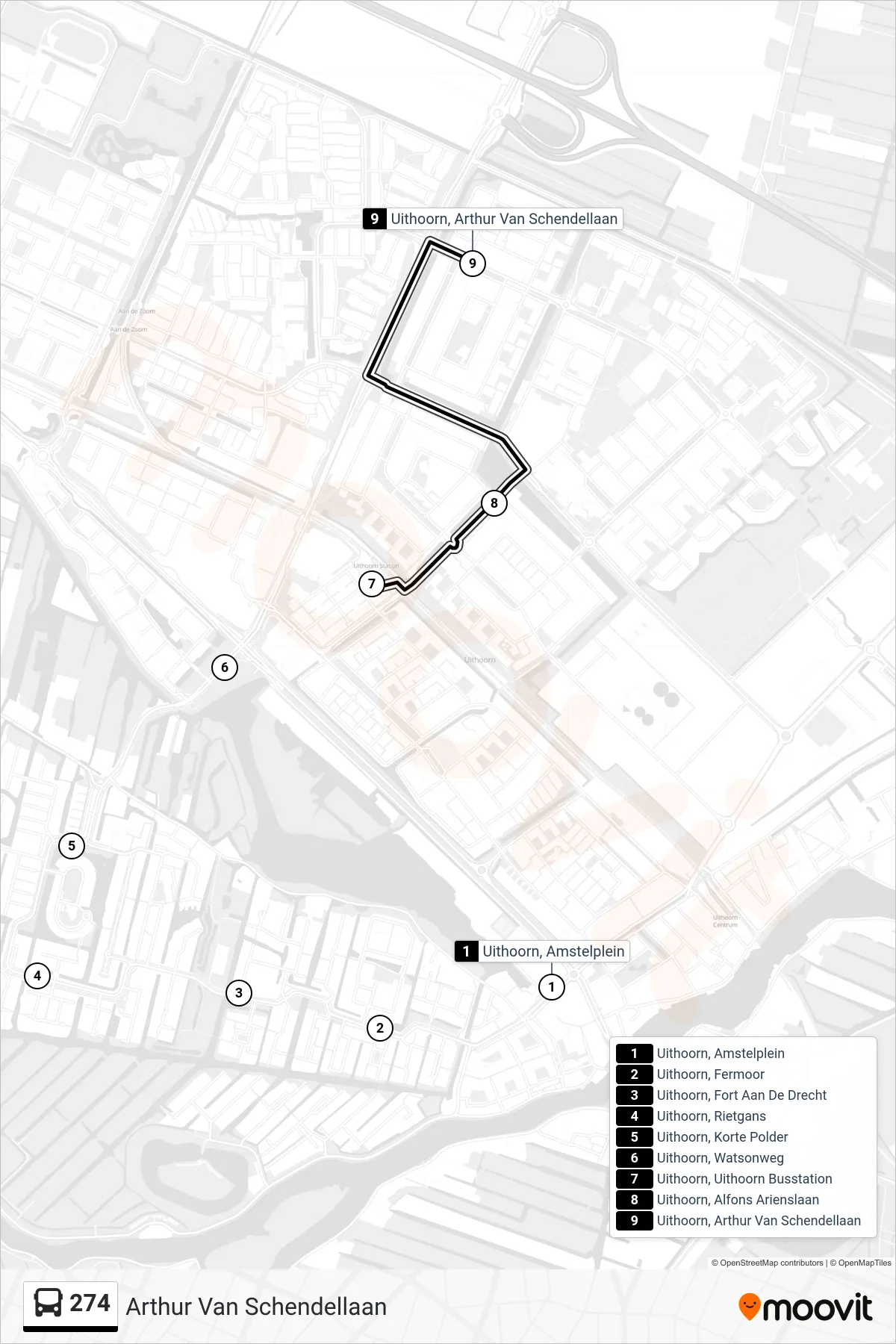 Lijn 274 (bus, Arthur Van Schendellaan): route en haltes op de kaart