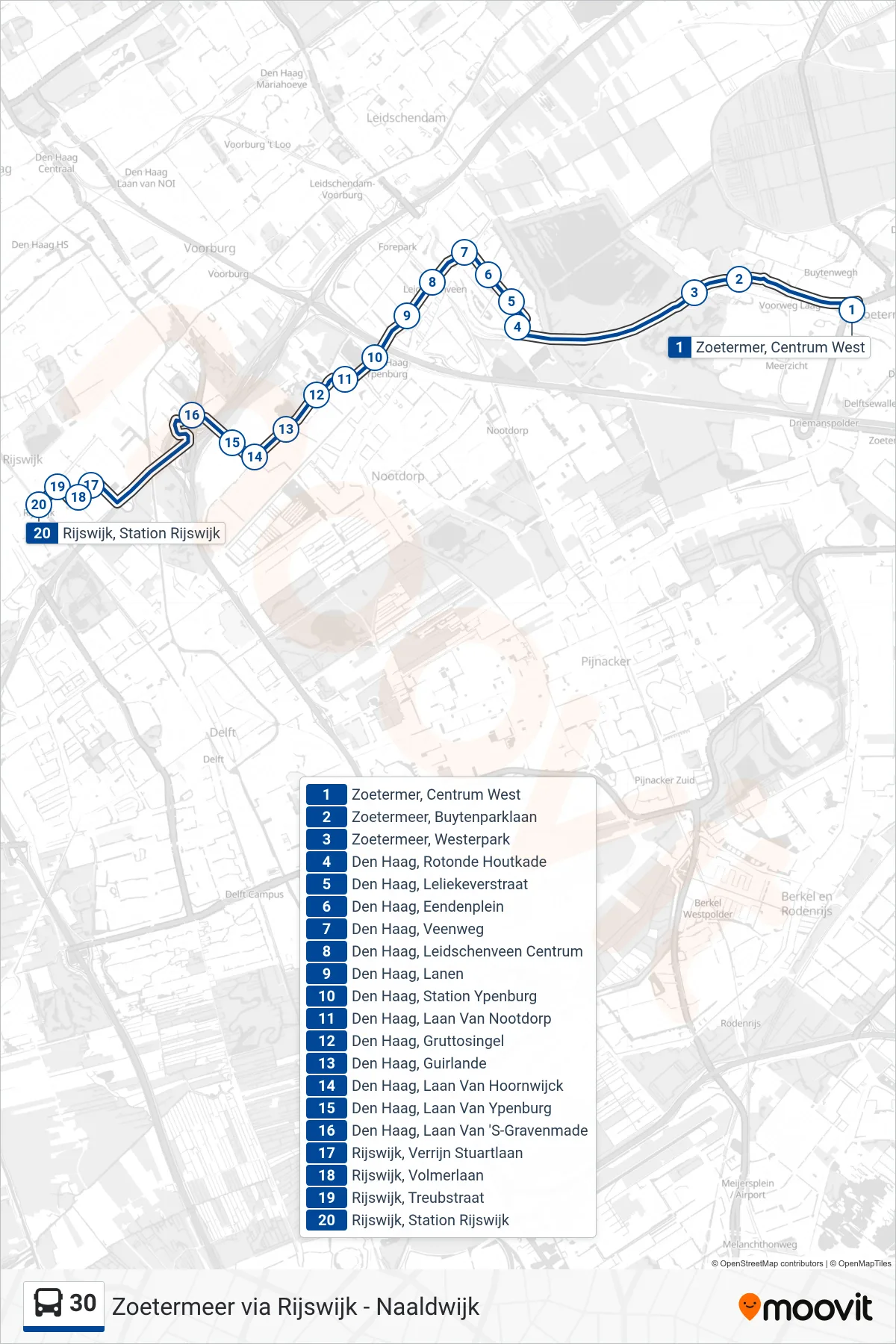 30 bus Line (Rijswijk Station) route and stops on a map