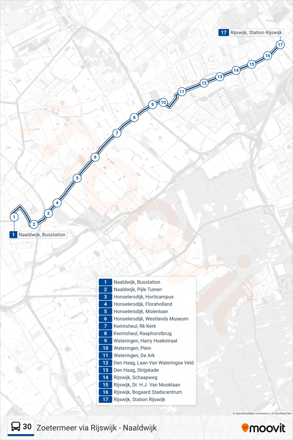 Lijn 30 (bus, Rijswijk Station): route en haltes op de kaart