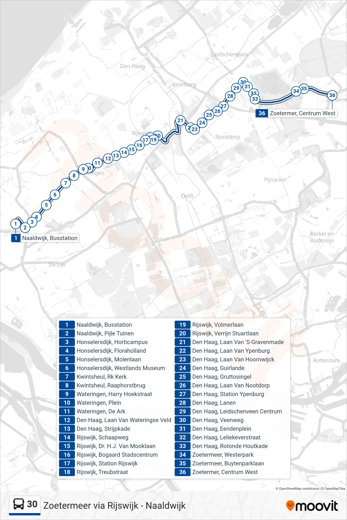 30 bus Line (Zoetermeer) route and stops on a map