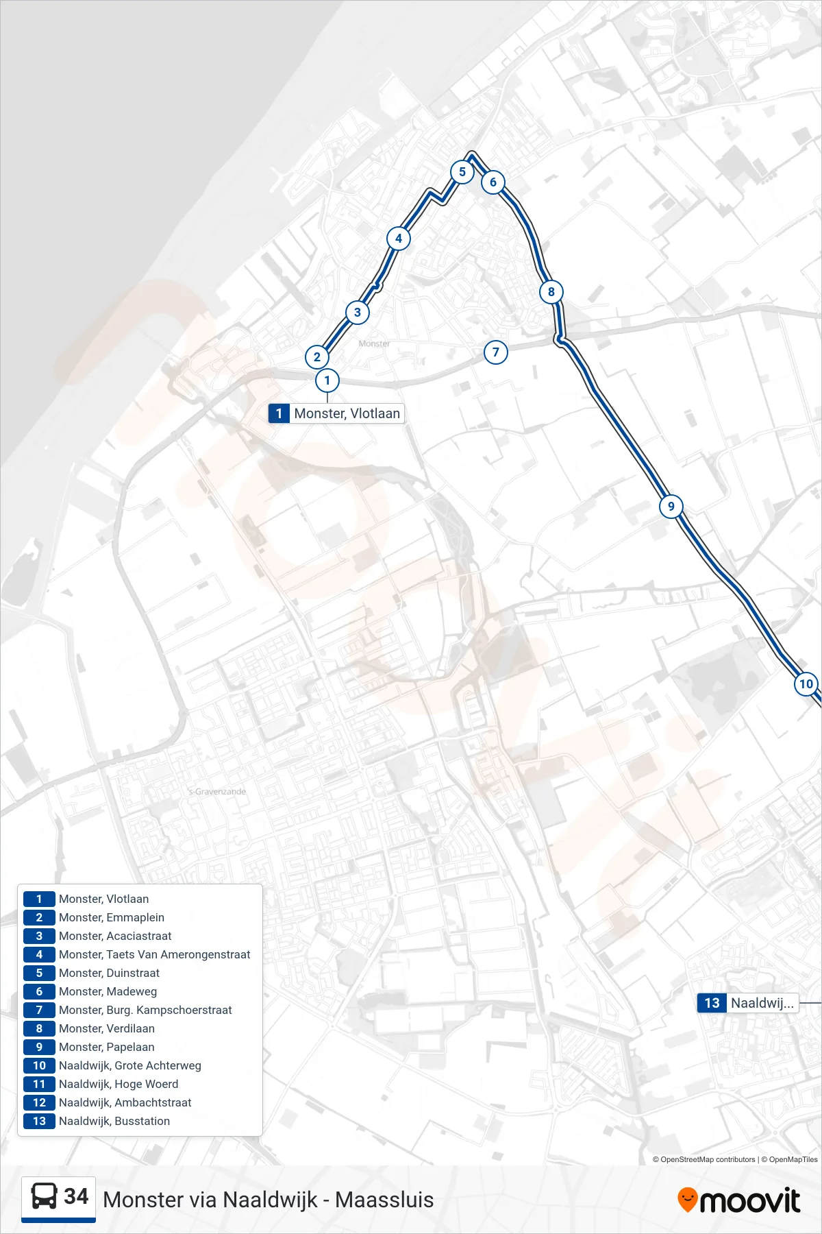 34 bus Line (Naaldwijk) route and stops on a map
