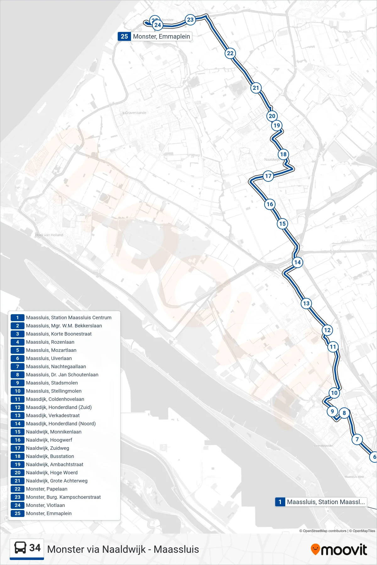 Lijn 34 (bus, Monster): route en haltes op de kaart