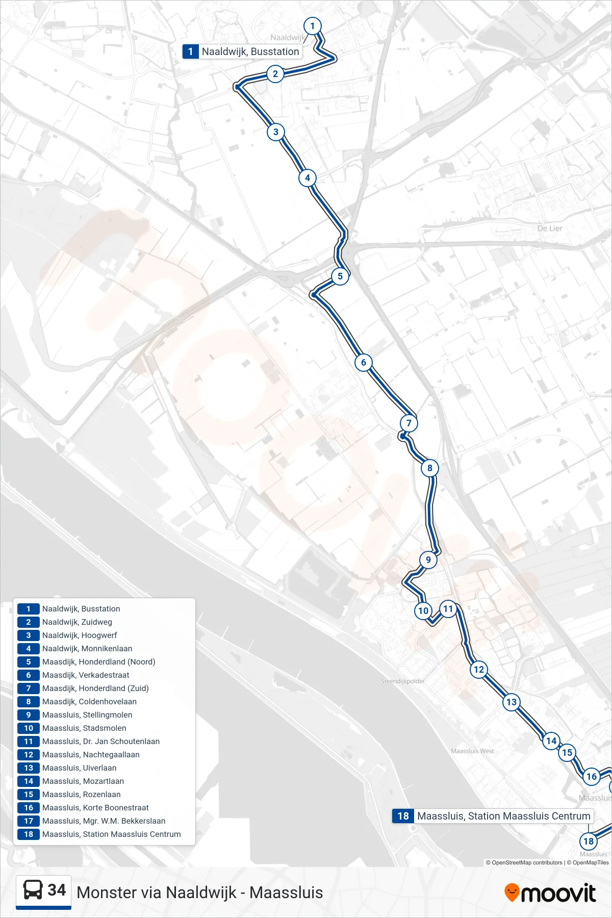 Lijn 34 (bus, Maassluis Metro Centrum): route en haltes op de kaart
