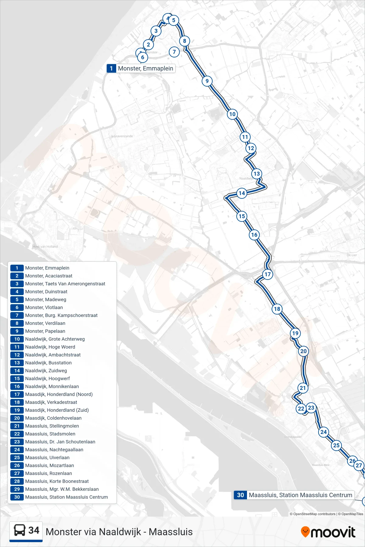 Lijn 34 (bus, Maassluis): route en haltes op de kaart