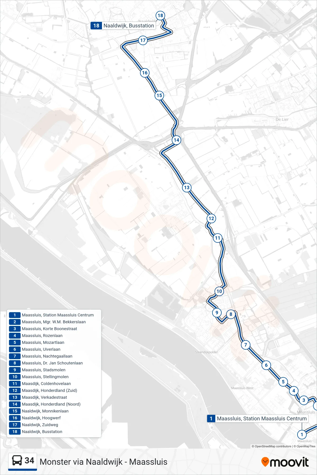 34 bus Line (Naaldwijk) route and stops on a map