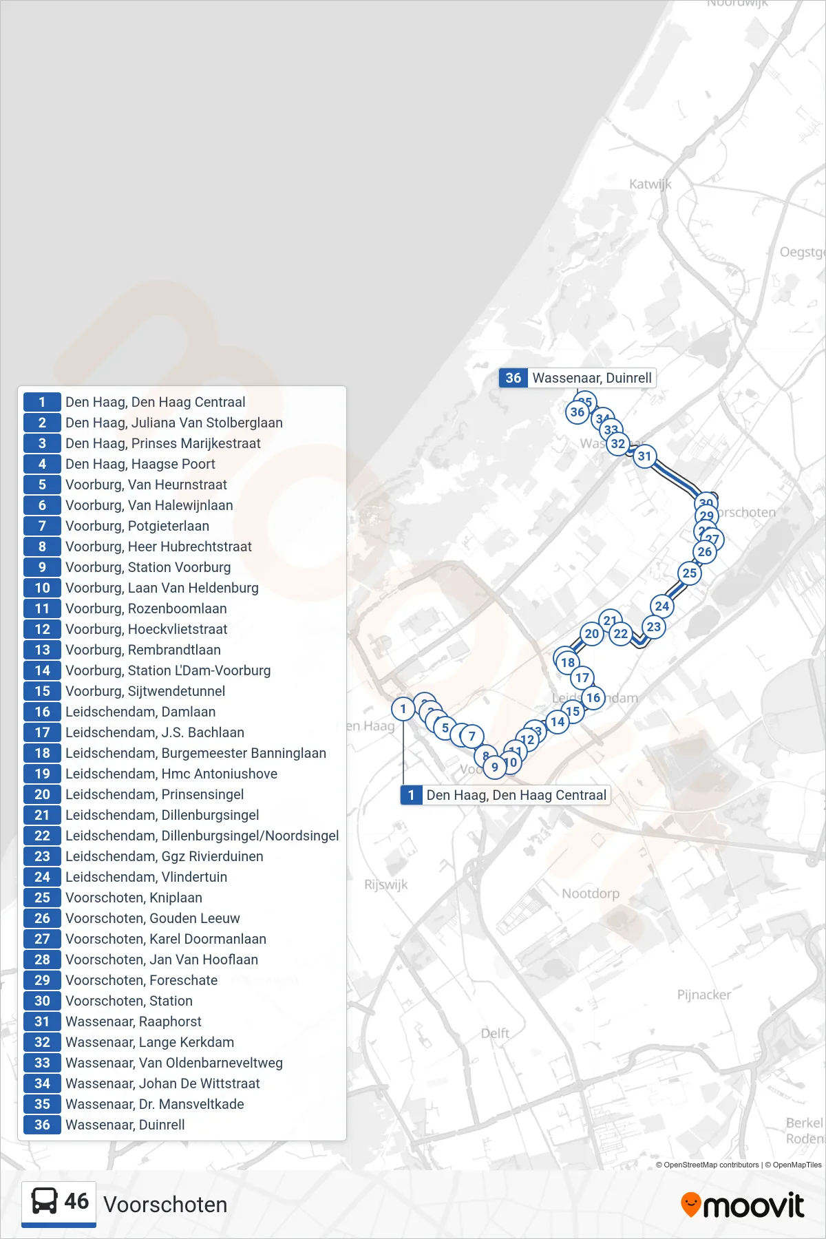 Lijn 46 (bus, Voorschoten): route en haltes op de kaart