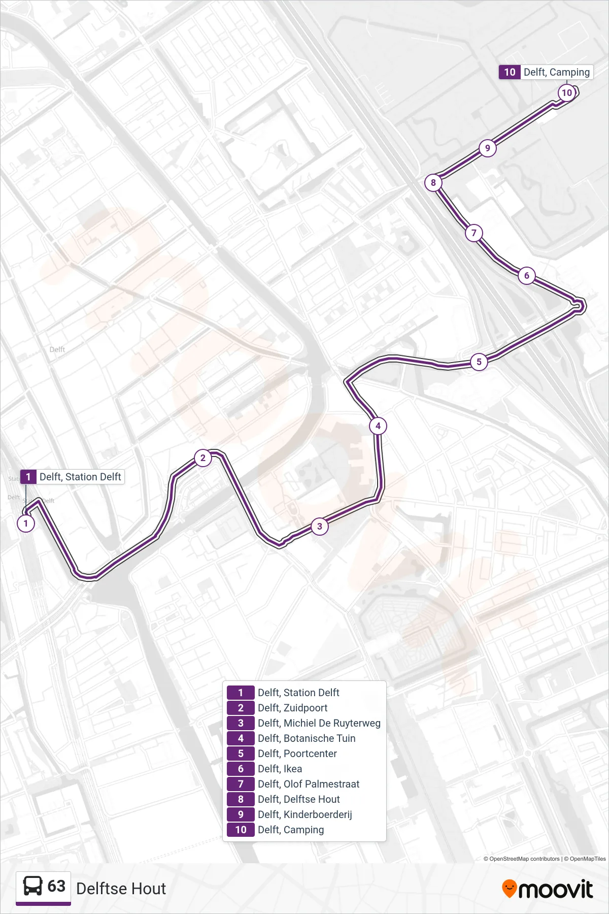 Lijn 63 (bus, Delftse Hout): route en haltes op de kaart