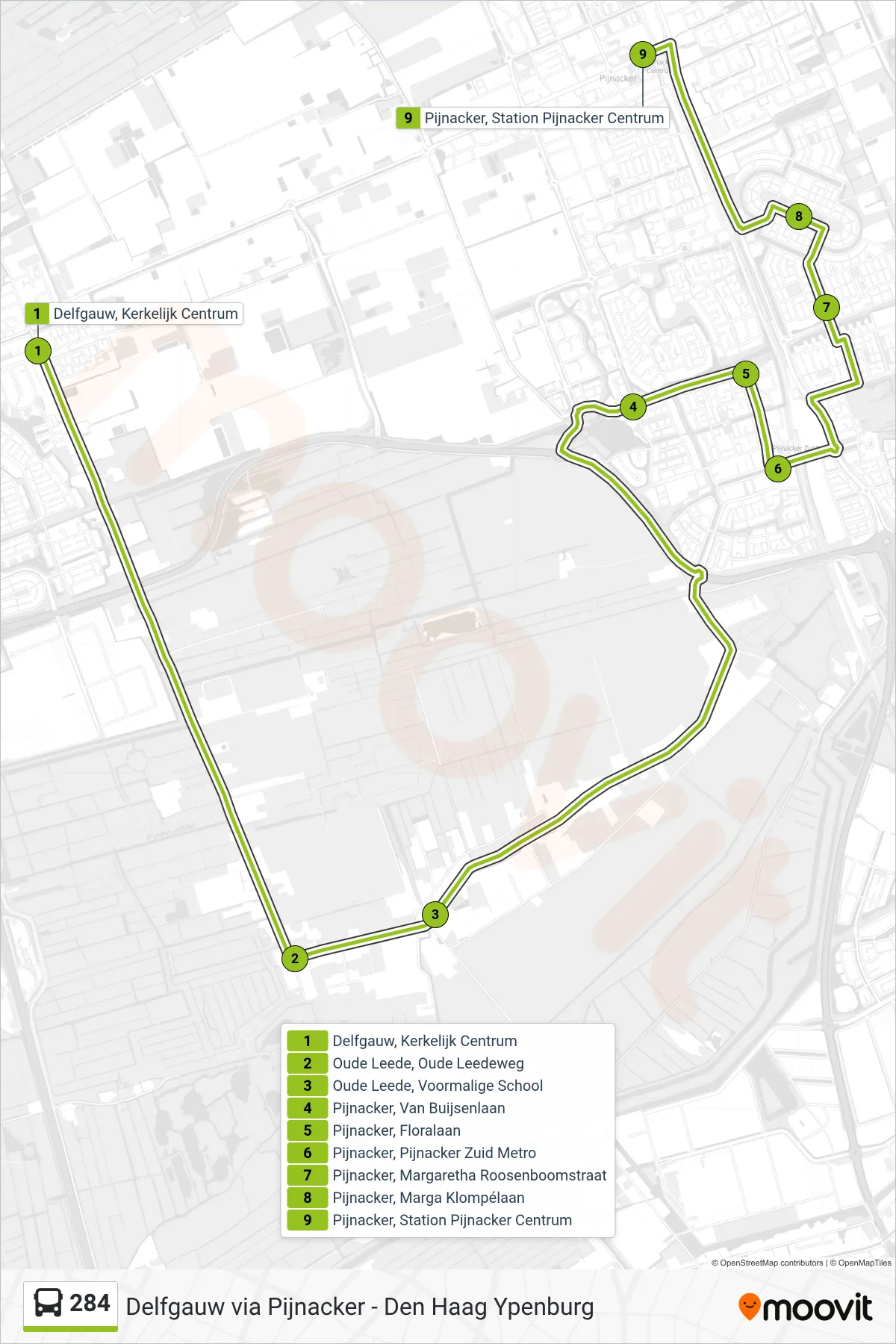 284 bus Line (Pijnacker) route and stops on a map