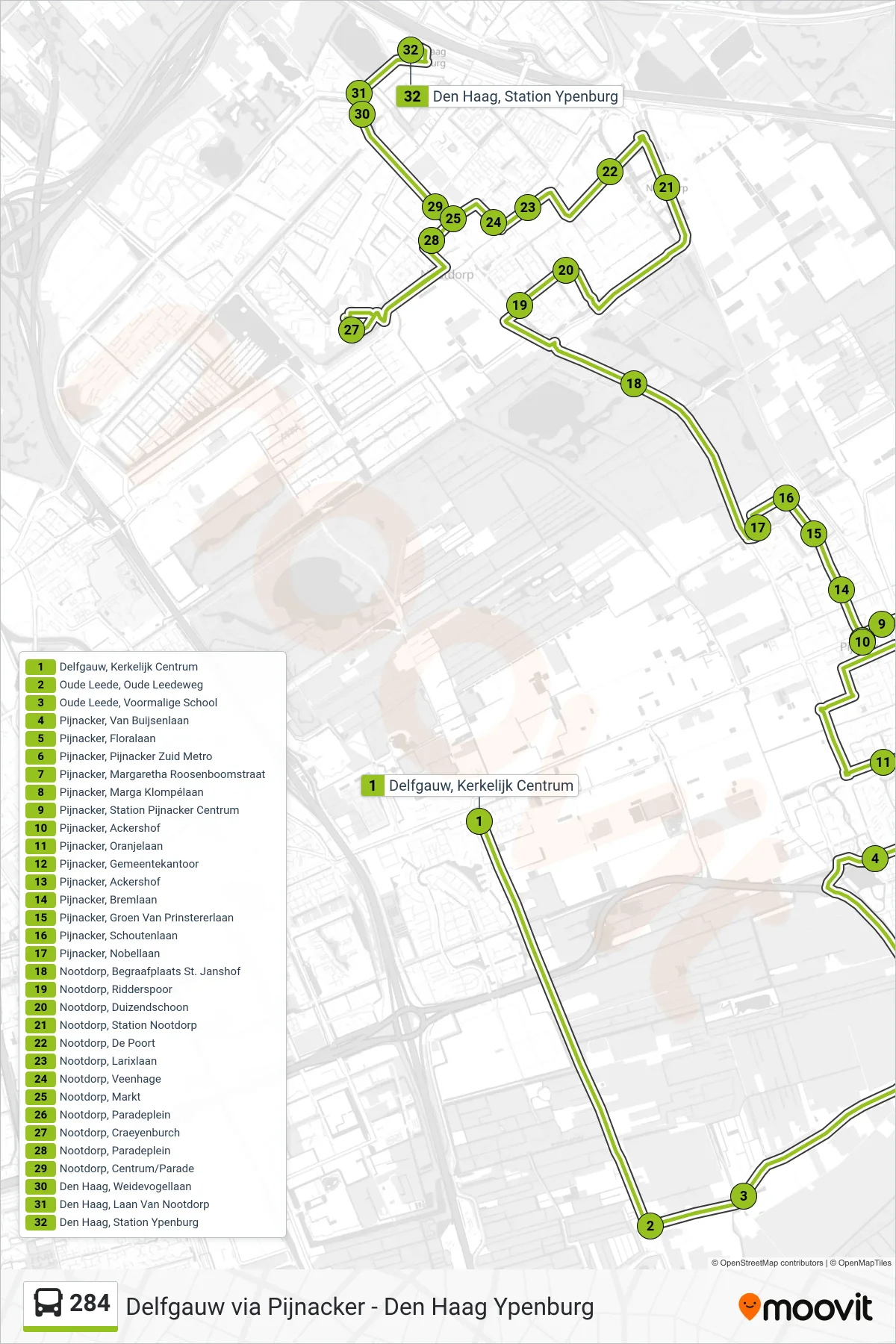 Lijn 284 (bus, Den Haag Ypenburg): route en haltes op de kaart