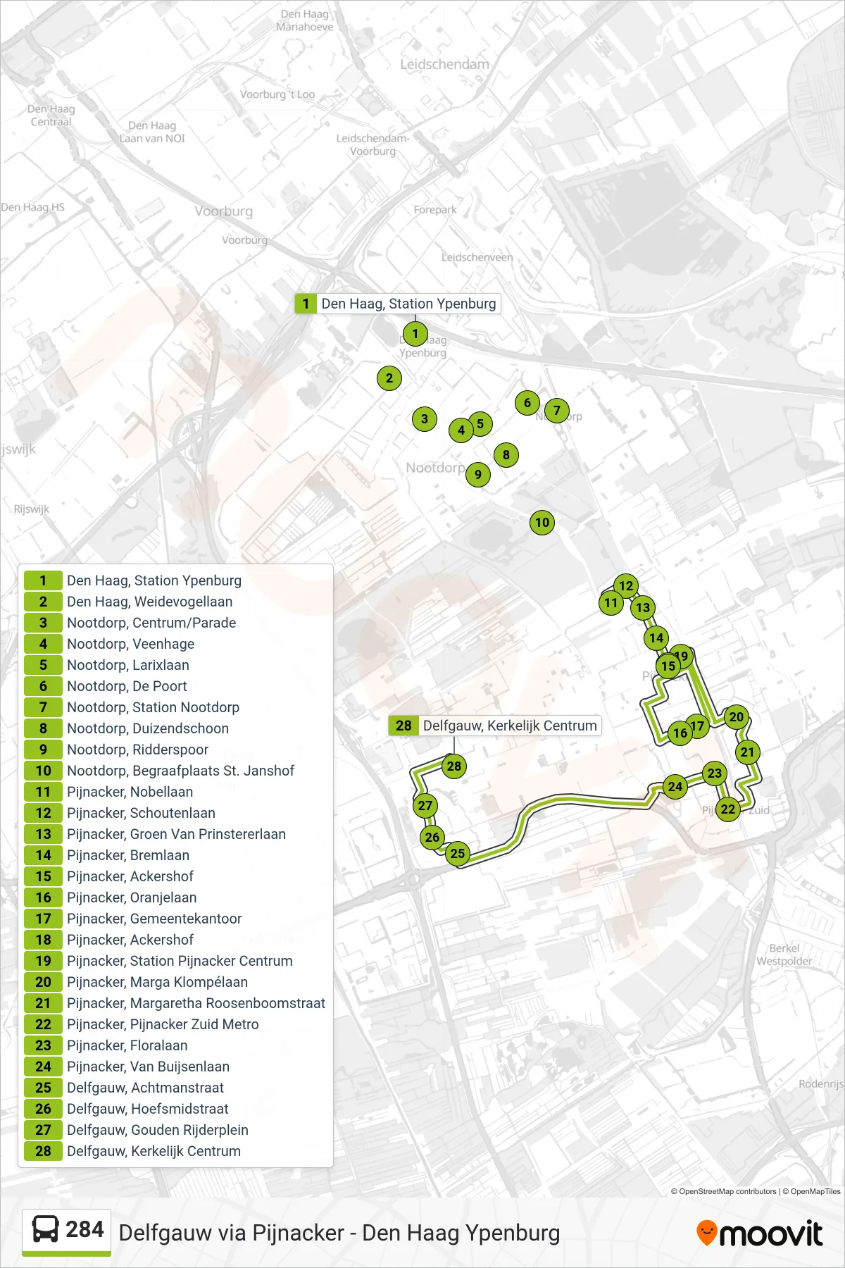 284 bus Line (Delfgauw) route and stops on a map