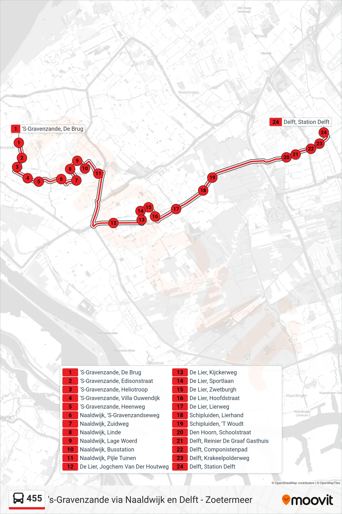 455 bus Line (Delft Station) route and stops on a map
