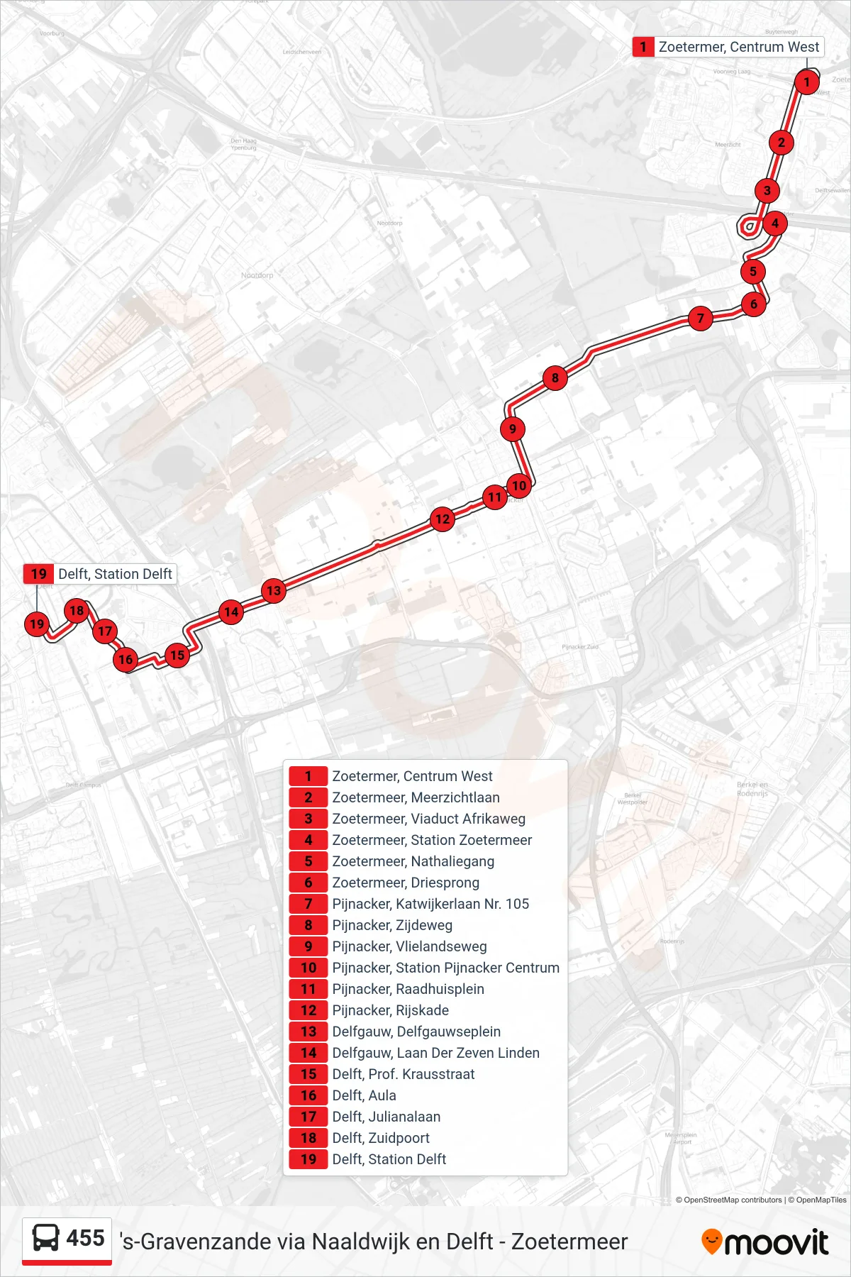 Lijn 455 (bus, Delft Station): route en haltes op de kaart
