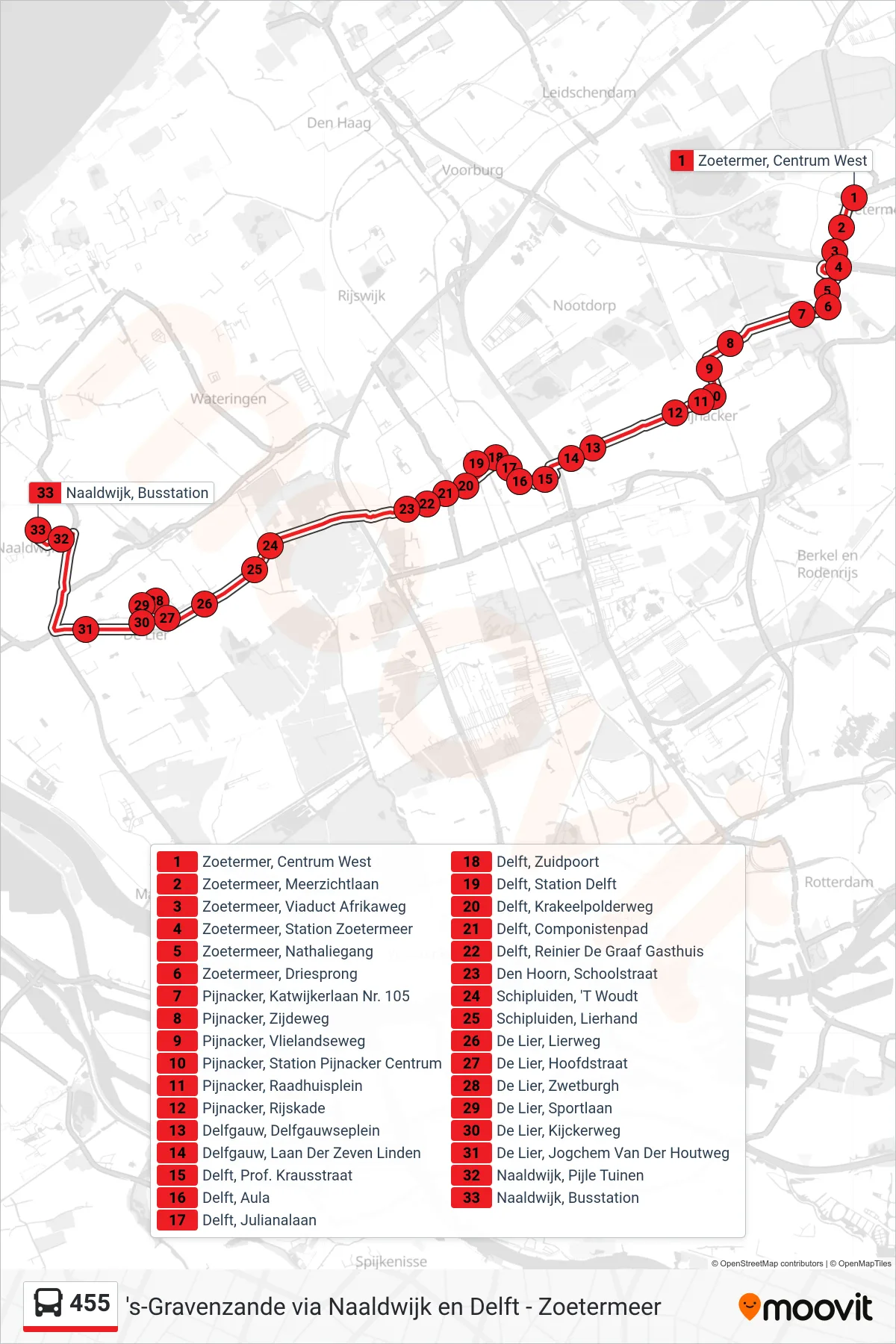 455 bus Line (Naaldwijk) route and stops on a map