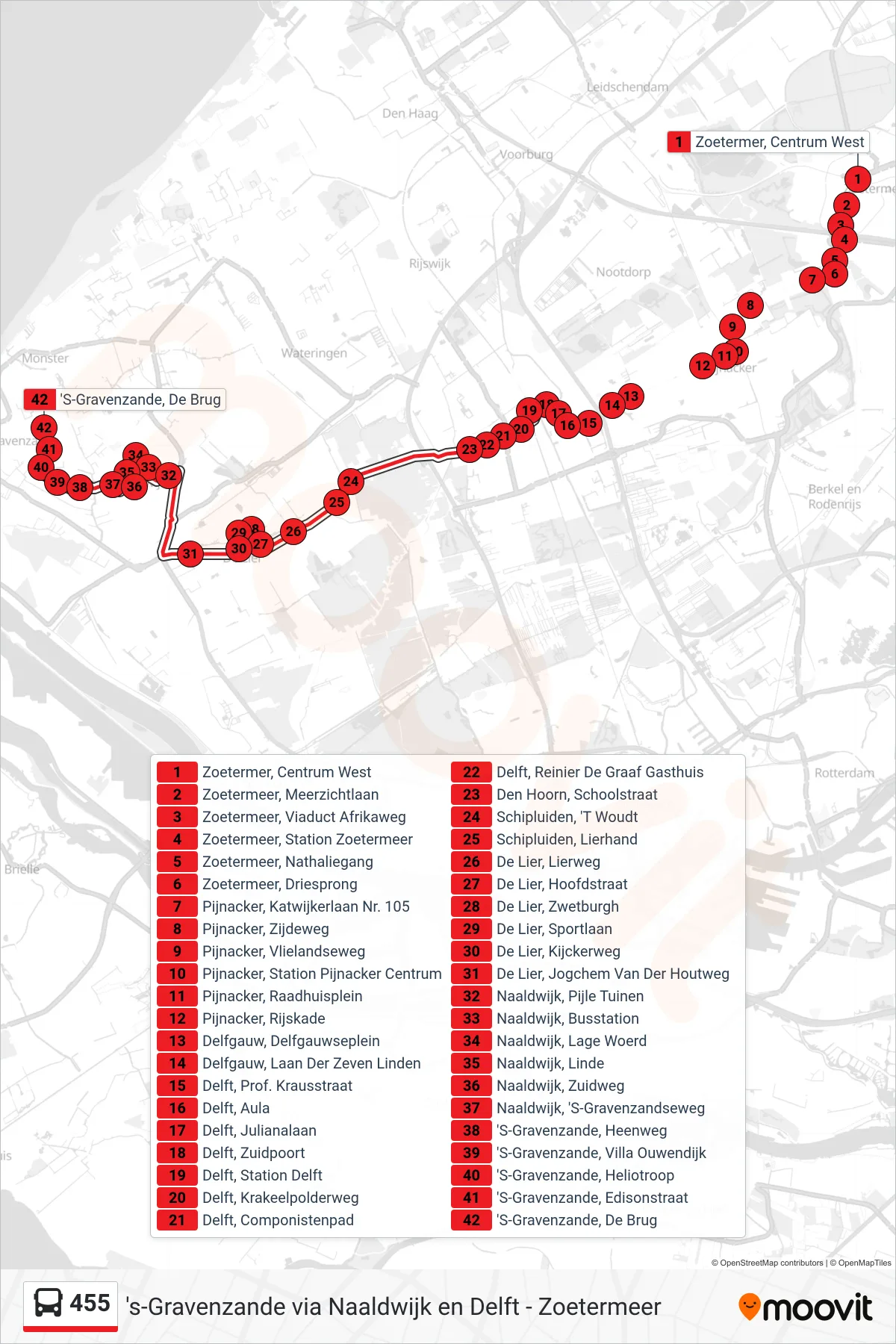 455 bus Line ('S-Gravenzande) route and stops on a map