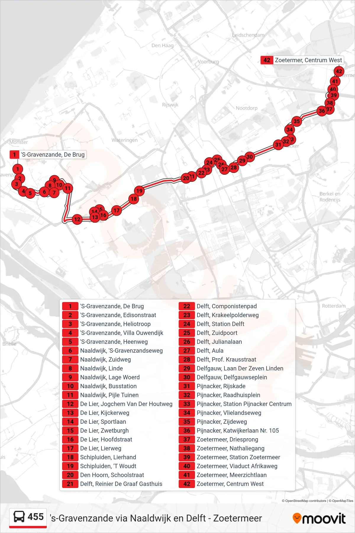 455 bus Line (Zoetermeer) route and stops on a map