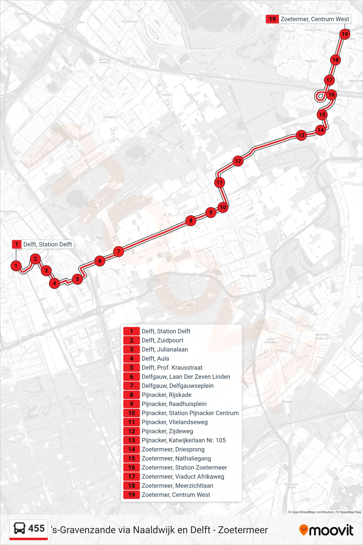 Lijn 455 (bus, Zoetermeer Centrum West): route en haltes op de kaart