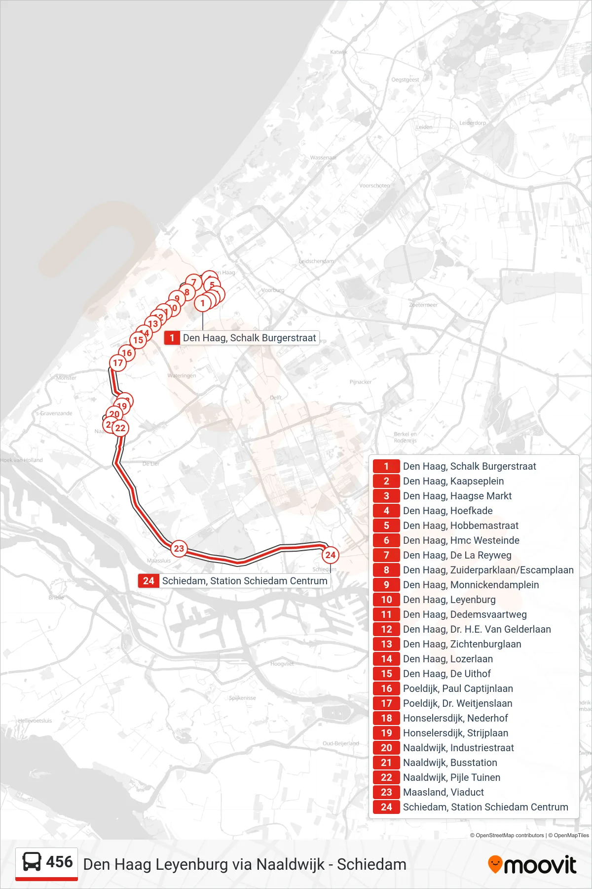 Lijn 456 (bus, Schiedam Centrum): route en haltes op de kaart