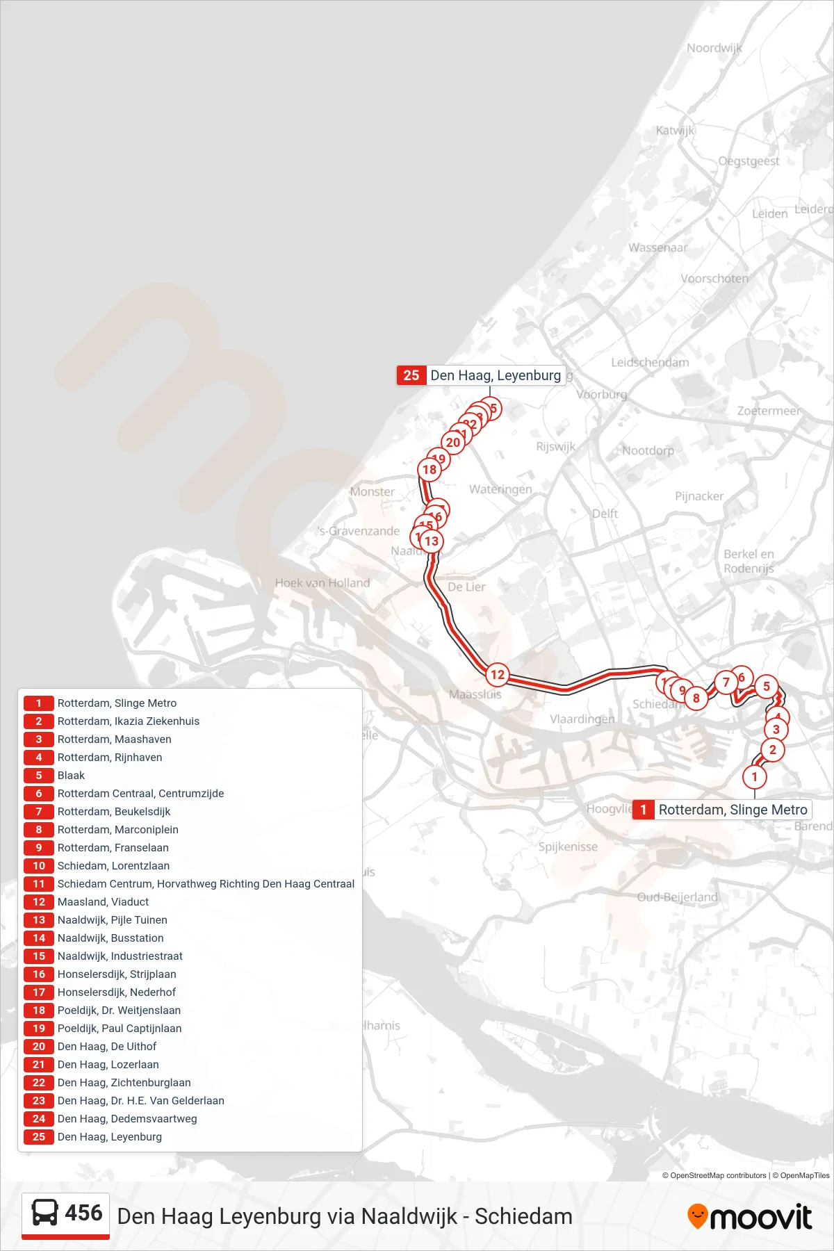 Lijn 456 (bus, Den Haag Leyenburg): route en haltes op de kaart