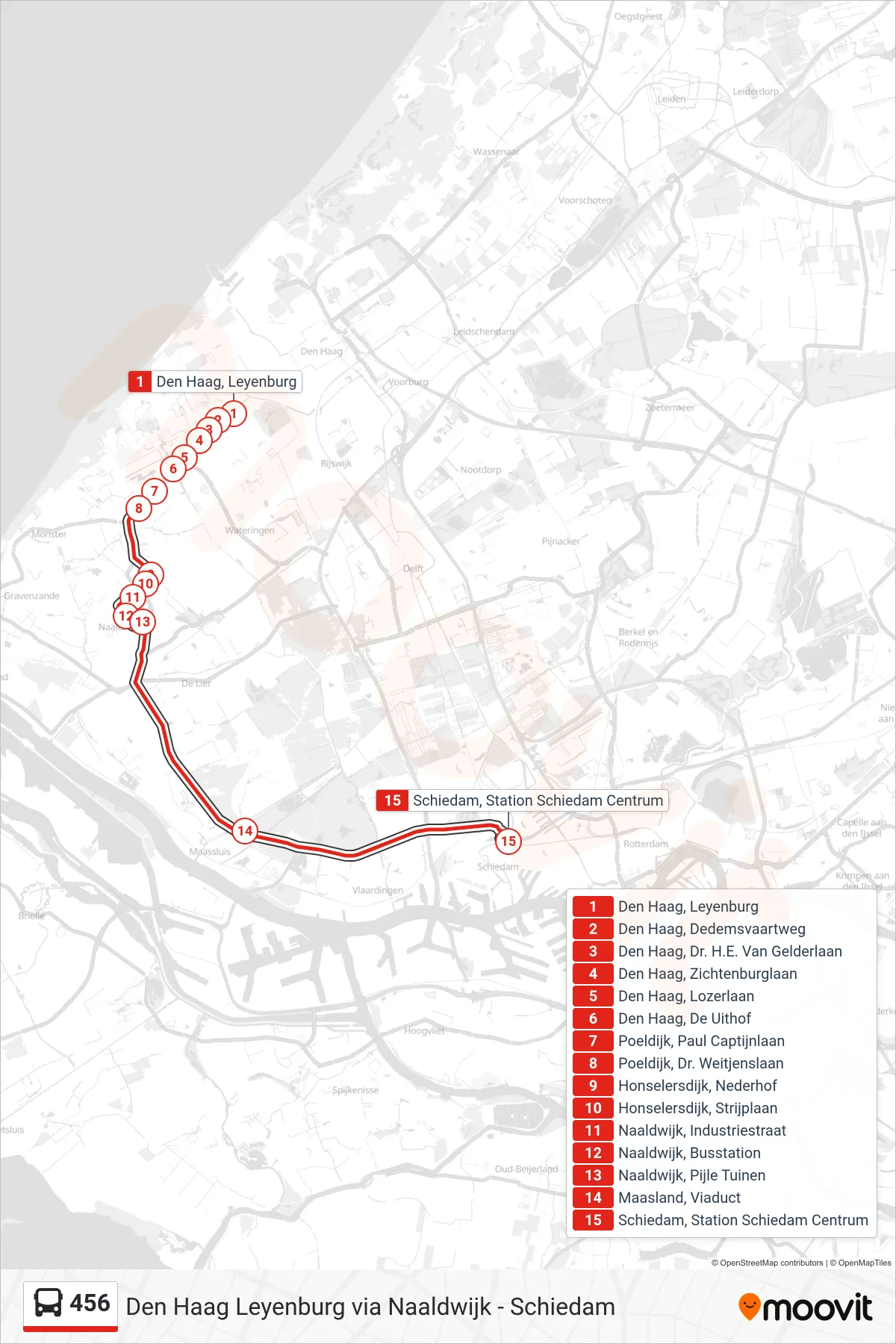 Lijn 456 (bus, Schiedam): route en haltes op de kaart