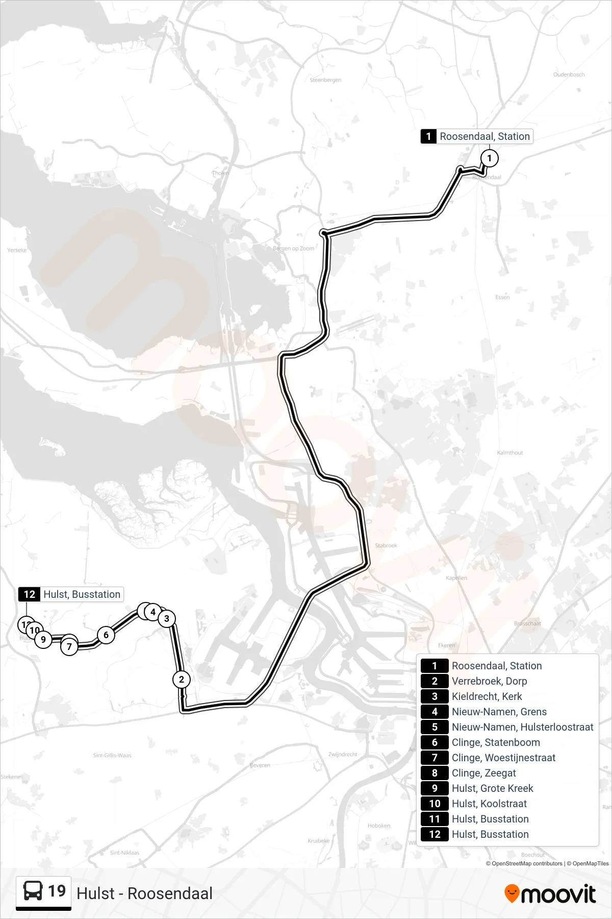 Lijn 19 (bus, Hulst Busstation): route en haltes op de kaart