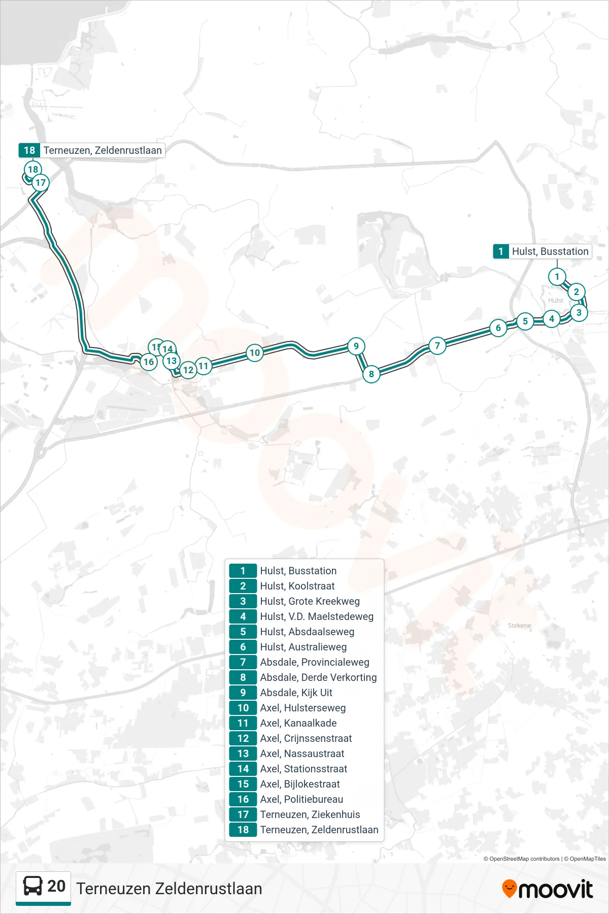 Lijn 20 (bus, Terneuzen Zeldenrustlaan): route en haltes op de kaart