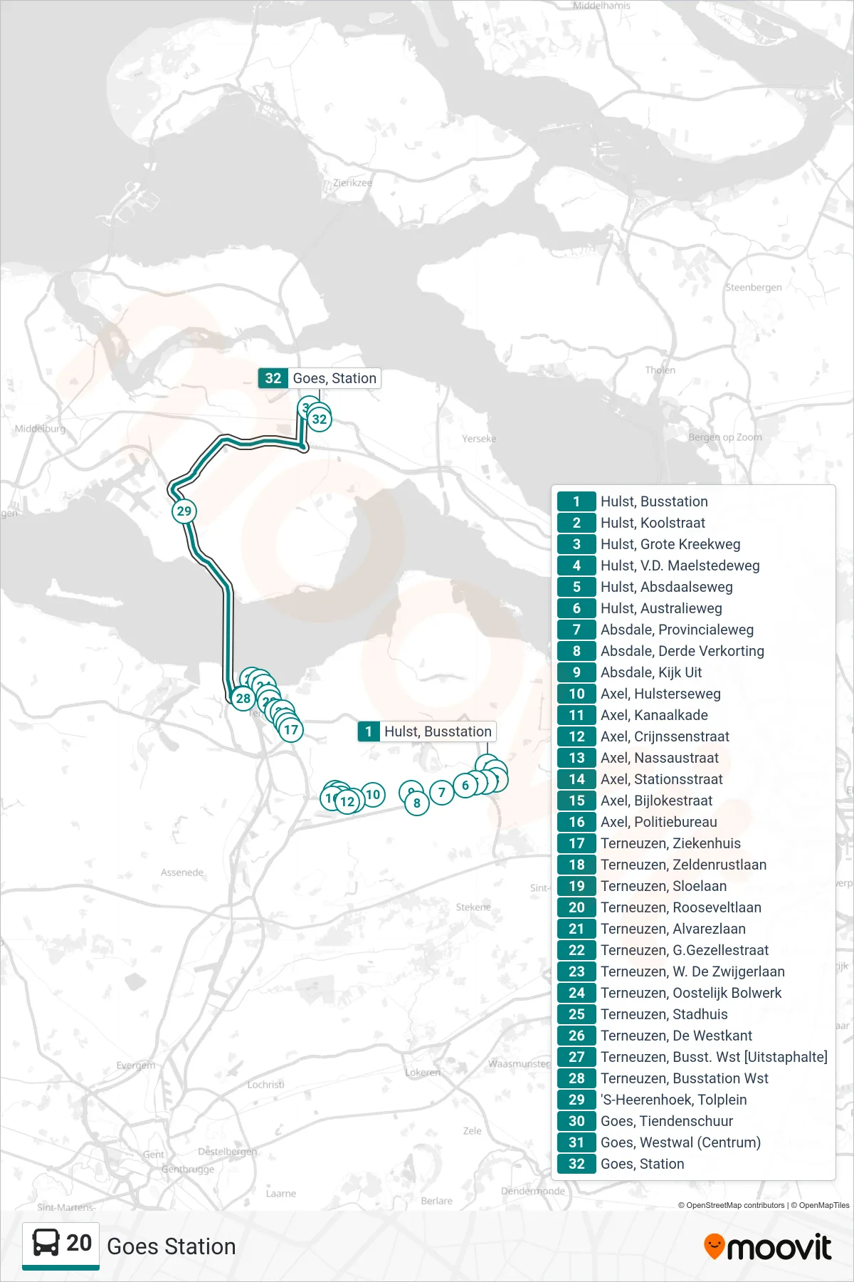 20 bus Line (Goes Station) route and stops on a map