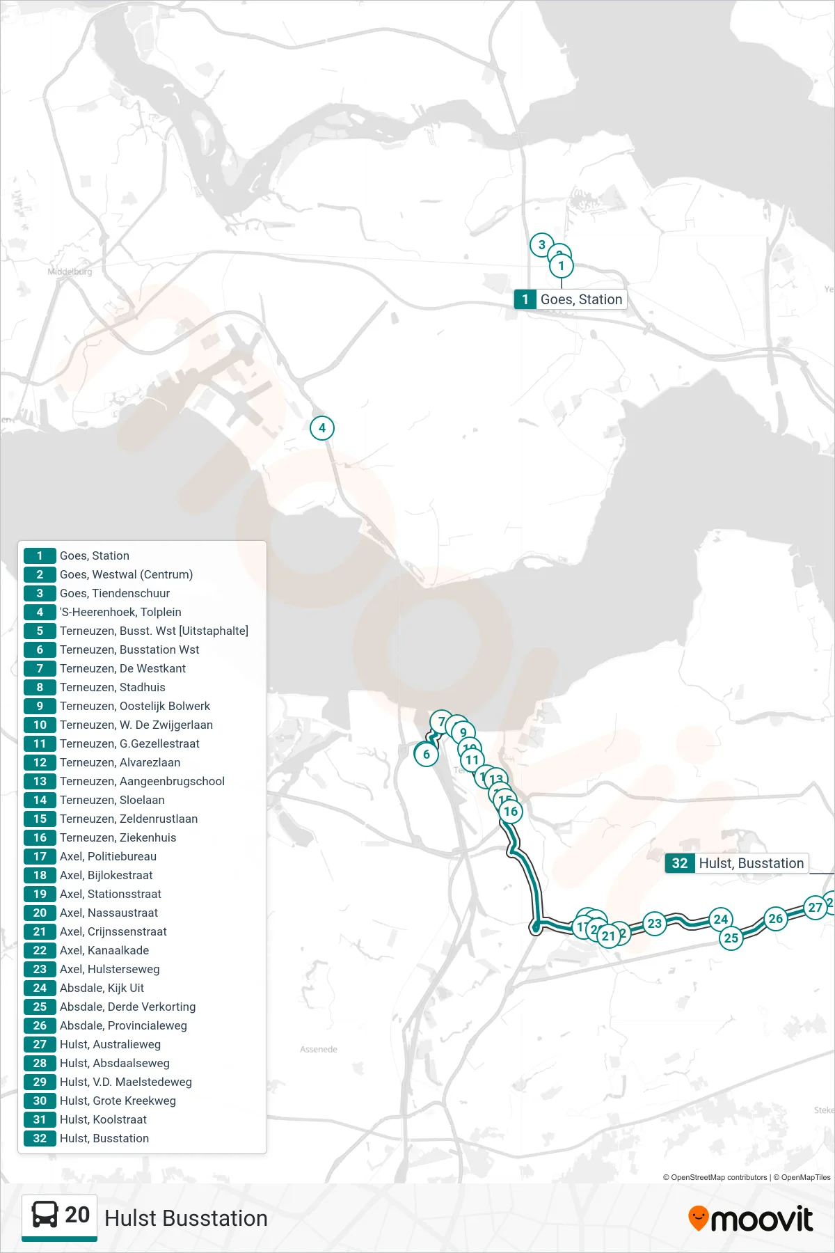Lijn 20 (bus, Hulst Busstation): route en haltes op de kaart