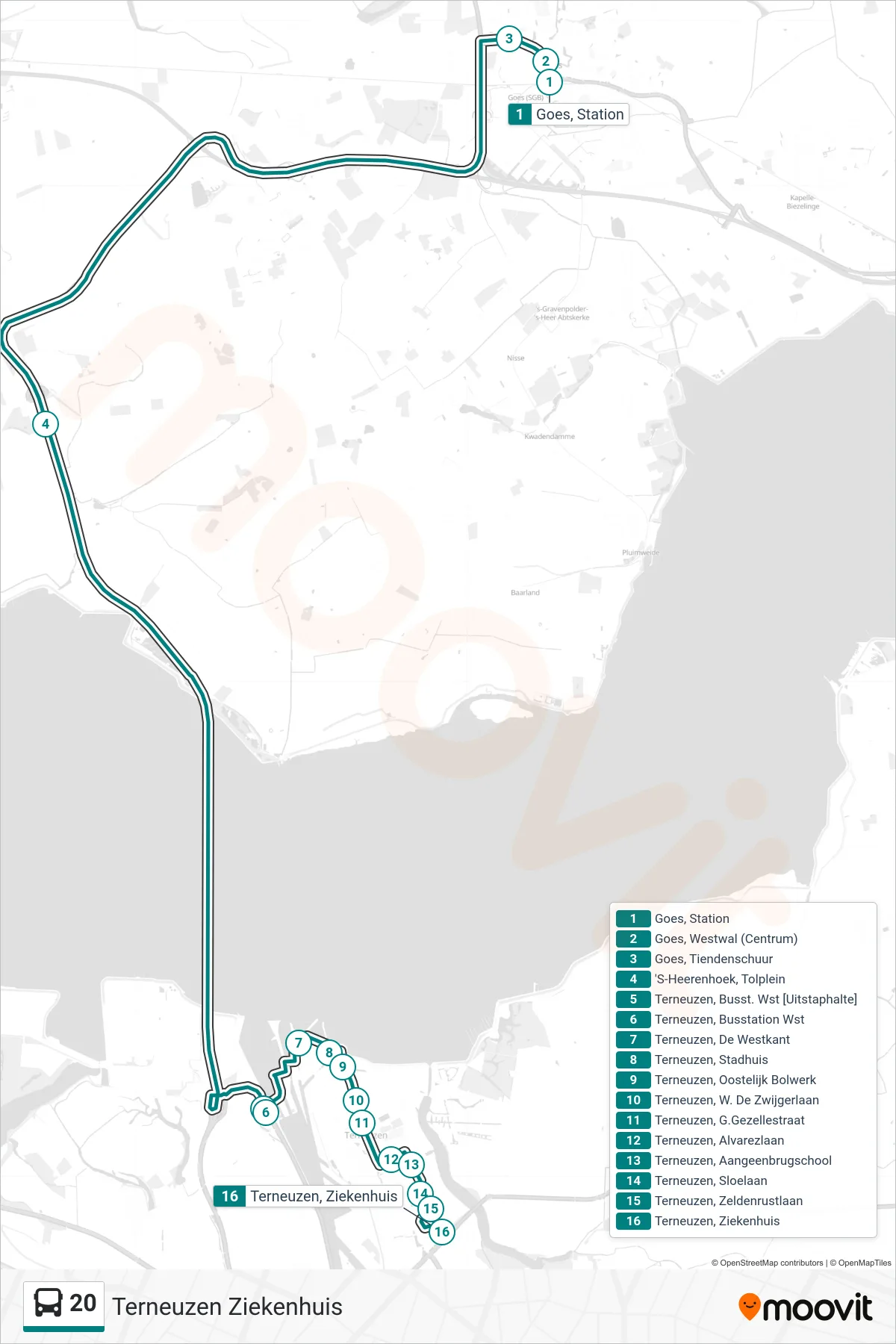 20 bus Line (Terneuzen Ziekenhuis) route and stops on a map