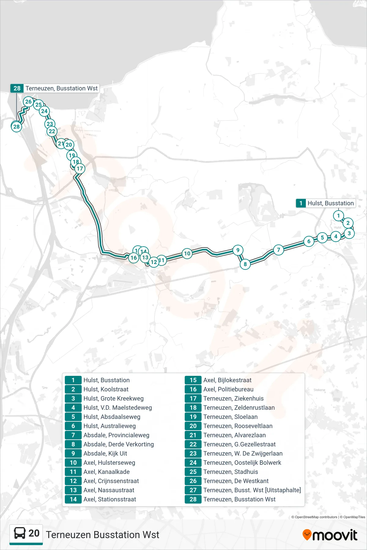 Lijn 20 (bus, Terneuzen Busstation Wst): route en haltes op de kaart