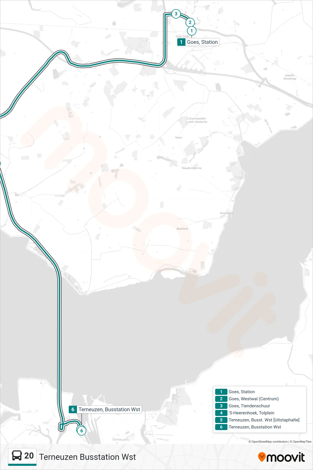 Lijn 20 (bus, Terneuzen Busstation Wst): route en haltes op de kaart
