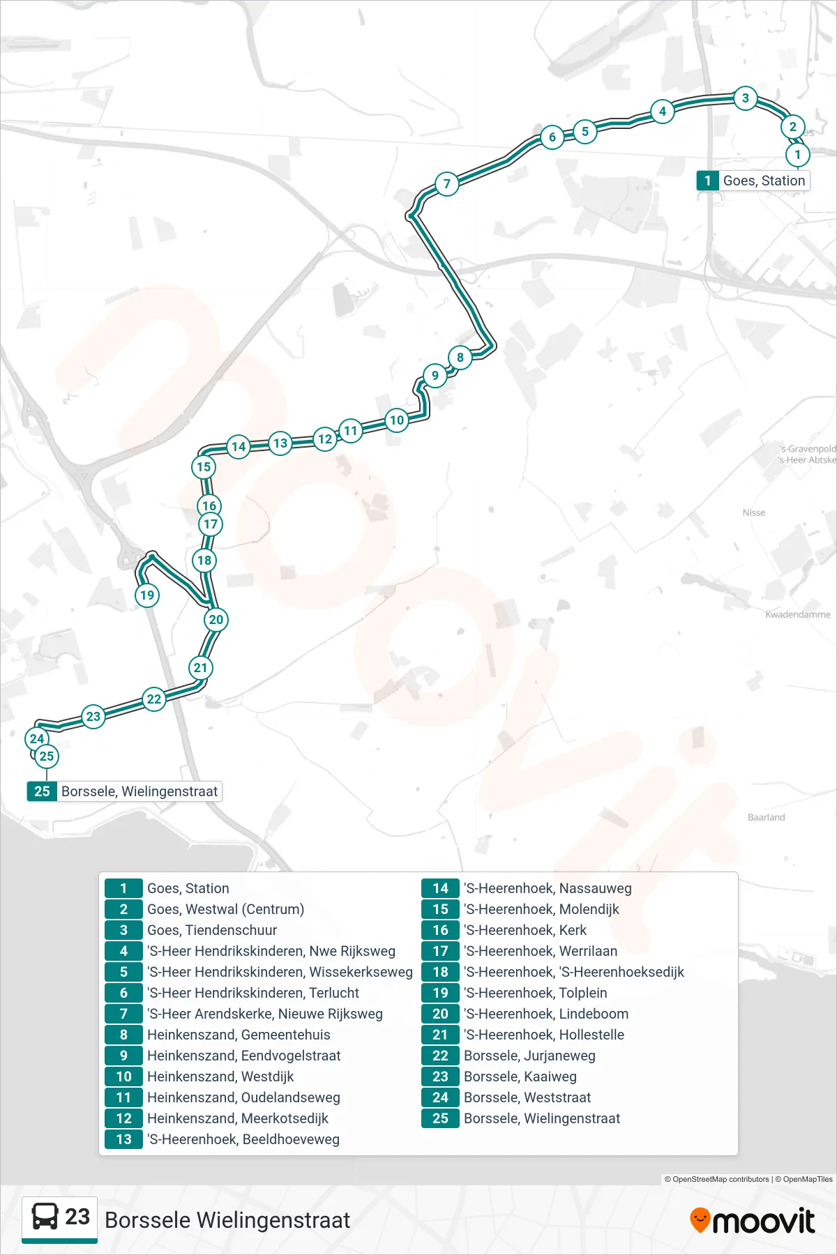 Lijn 23 (bus, Borssele Wielingenstraat): route en haltes op de kaart
