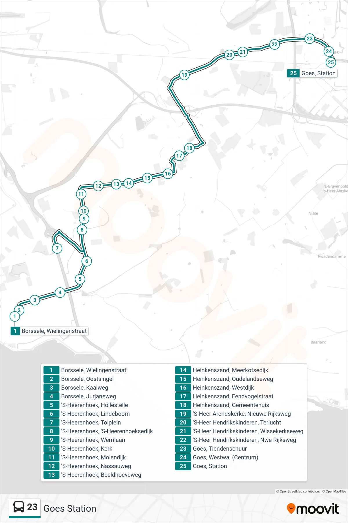 Lijn 23 (bus, Goes Station): route en haltes op de kaart