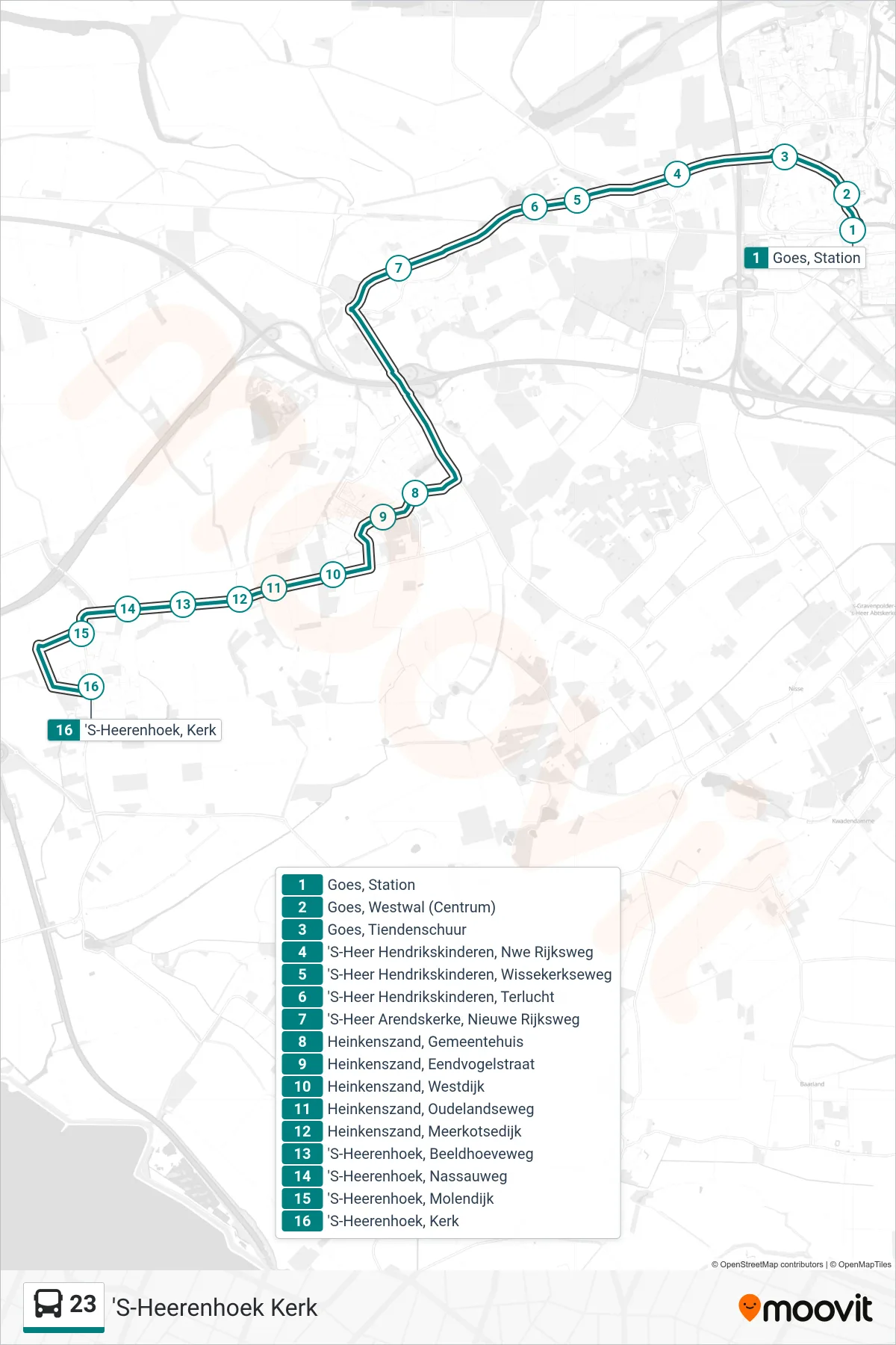 Lijn 23 (bus, 'S-Heerenhoek Kerk): route en haltes op de kaart