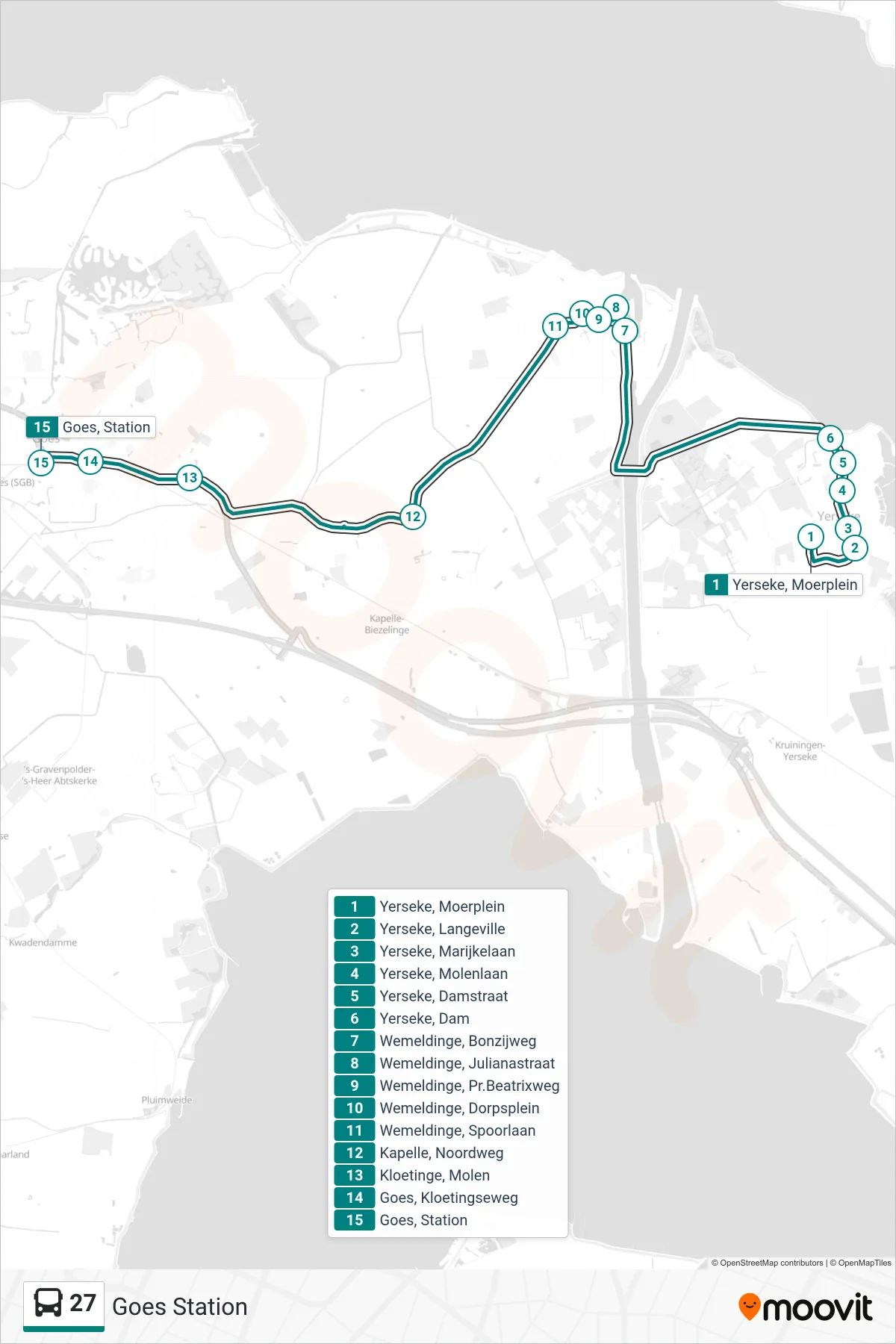Lijn 27 (bus, Goes Station): route en haltes op de kaart