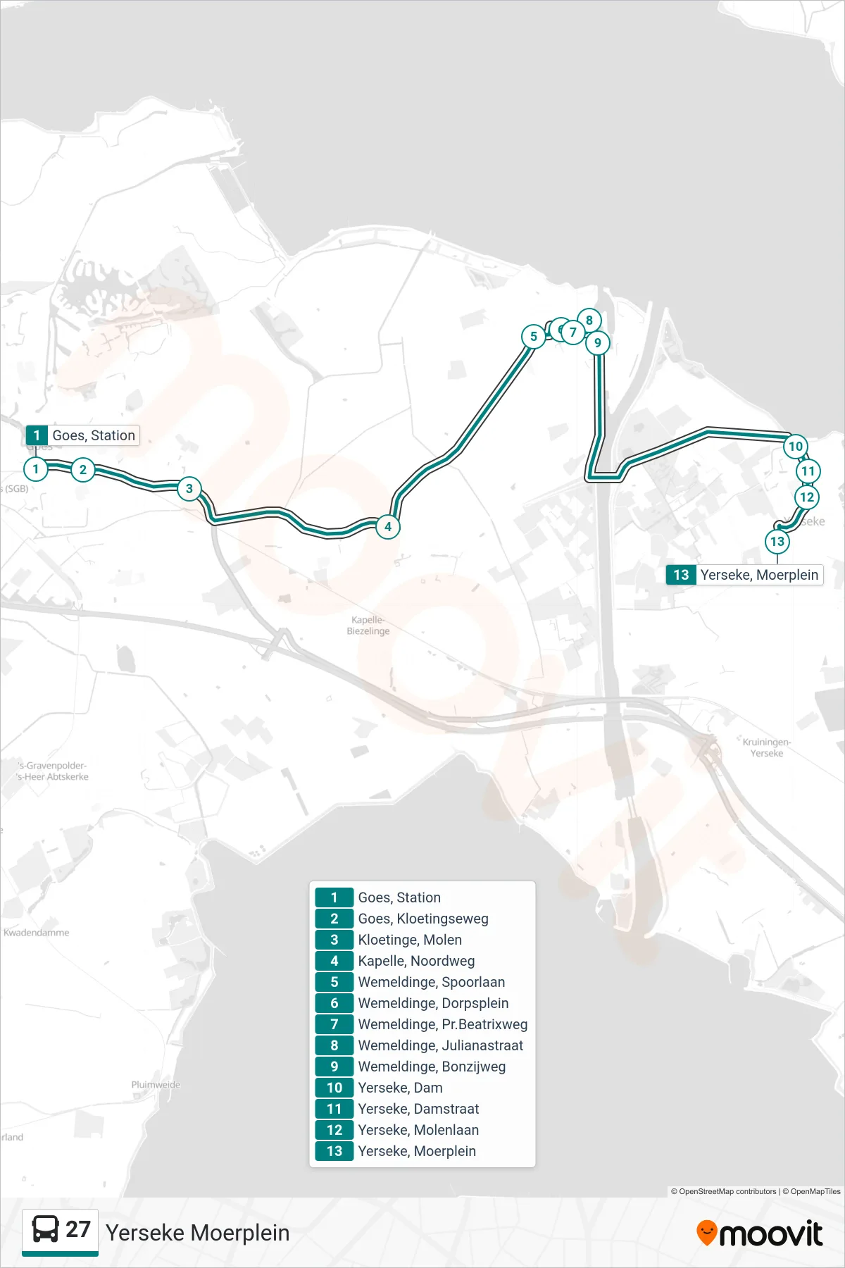 Lijn 27 (bus, Yerseke Moerplein): route en haltes op de kaart