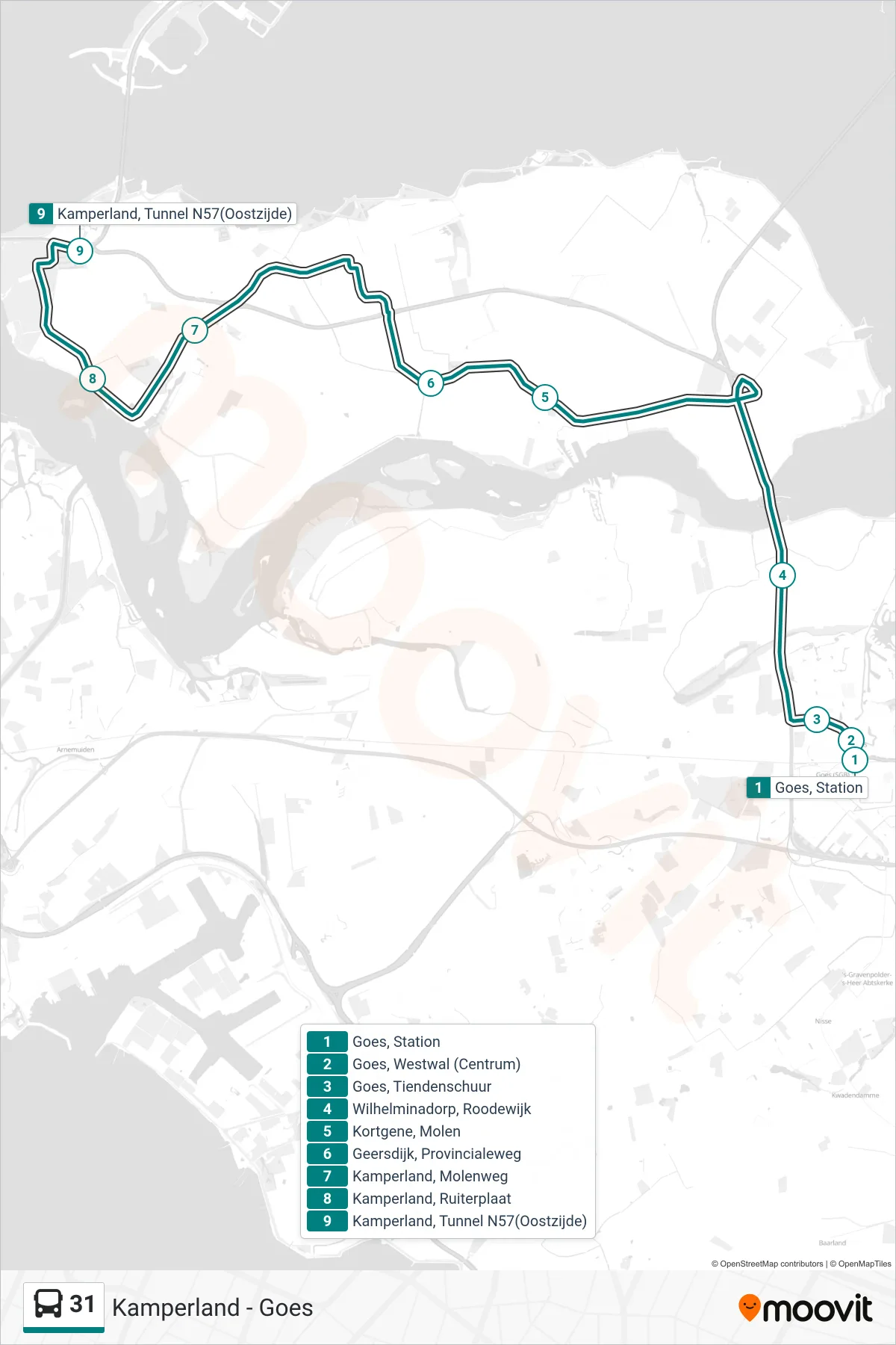 Lijn 31 (bus, Tunnel N57 Oostzijde): route en haltes op de kaart