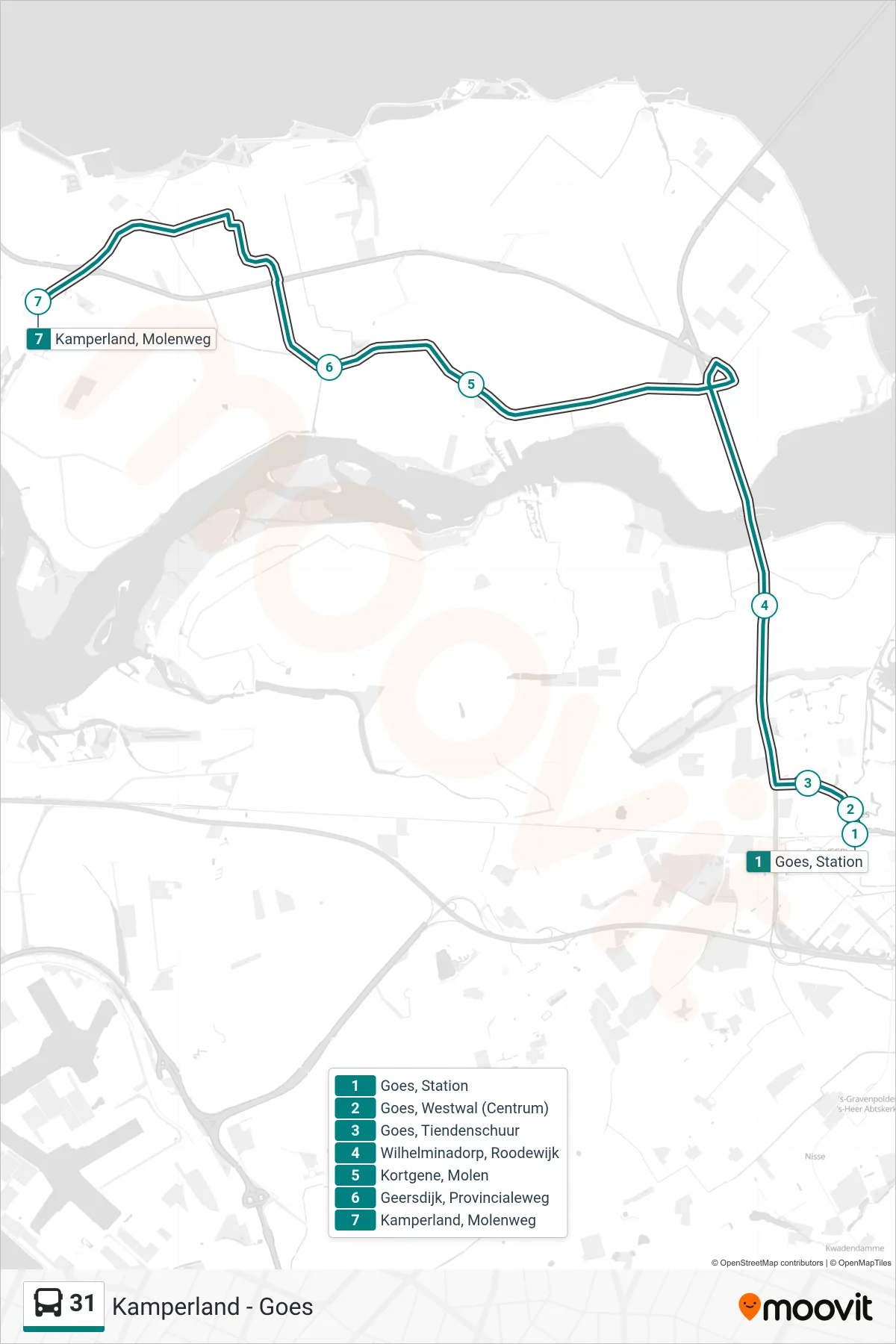 Lijn 31 (bus, Kamperland Molenweg): route en haltes op de kaart