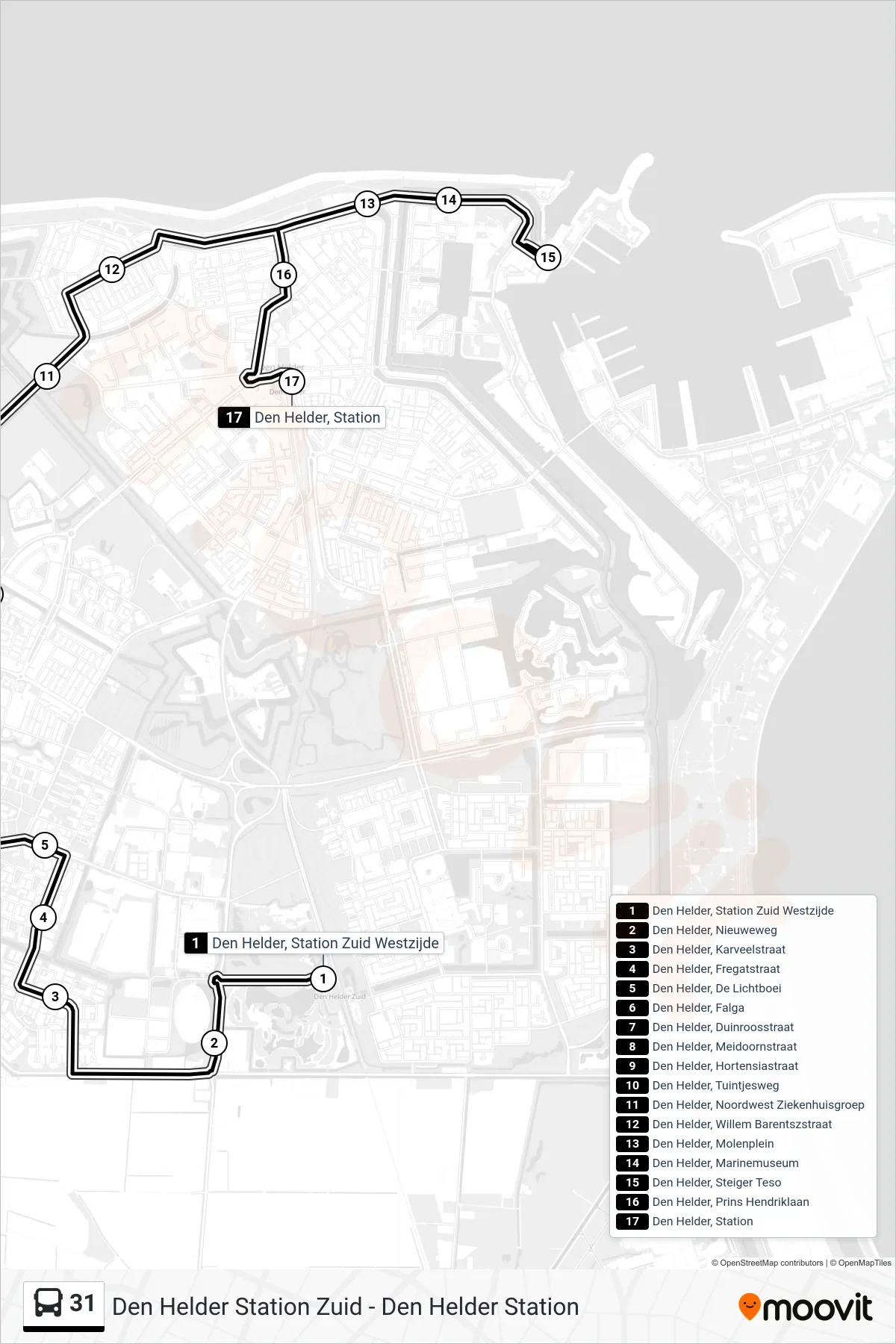 Lijn 31 (bus, Den Helder Station): route en haltes op de kaart