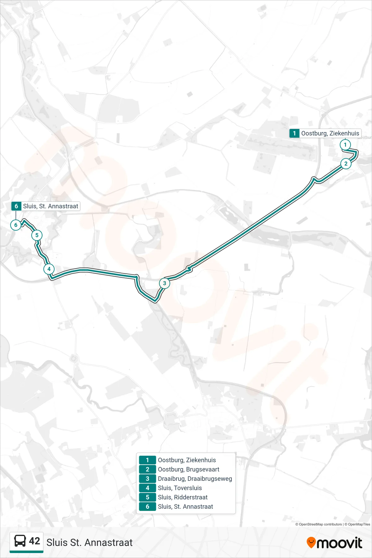 Lijn 42 (bus, Sluis St. Annastraat): route en haltes op de kaart