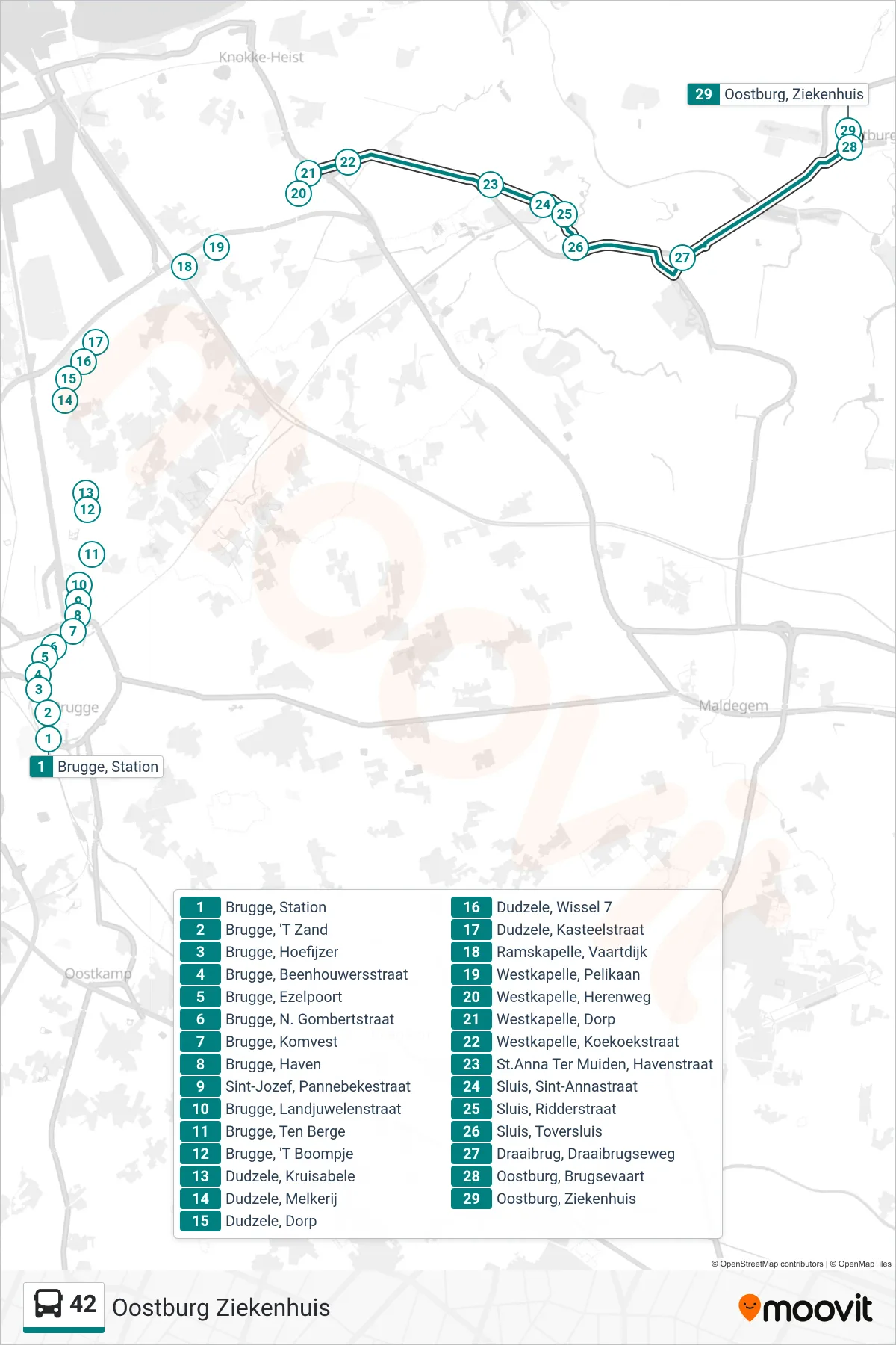 Lijn 42 (bus, Oostburg Ziekenhuis): route en haltes op de kaart