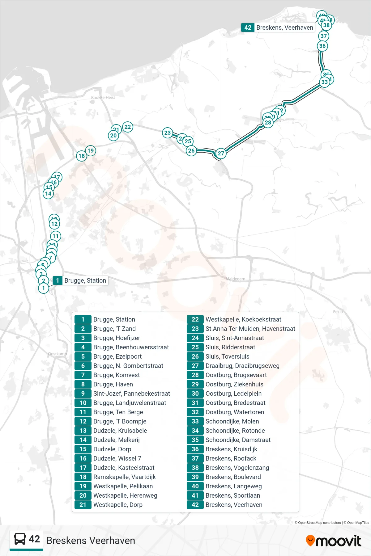 42 bus Line (Breskens Veerhaven) route and stops on a map